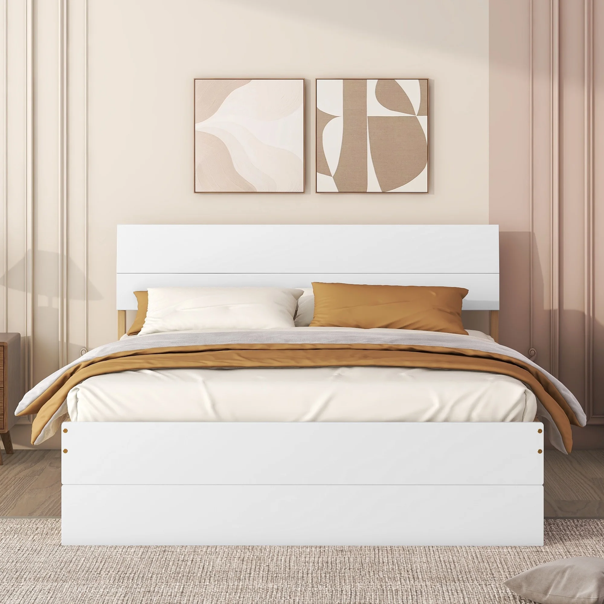 Modern Full Bed Frame With Twin Trundle And 2 Drawers in White High Gloss and Light Oak Color
