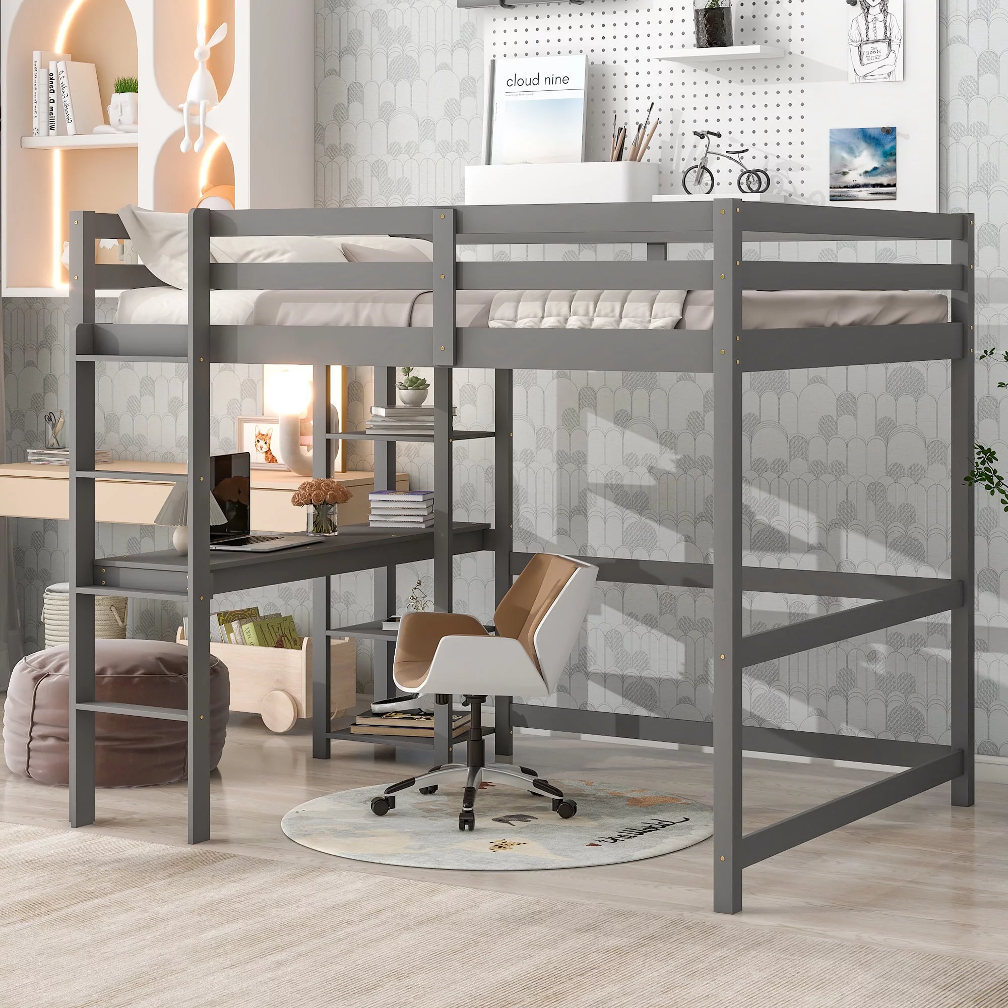 ikayaa Full Loft Bed with Desk and Shelves,Gray for bedroom