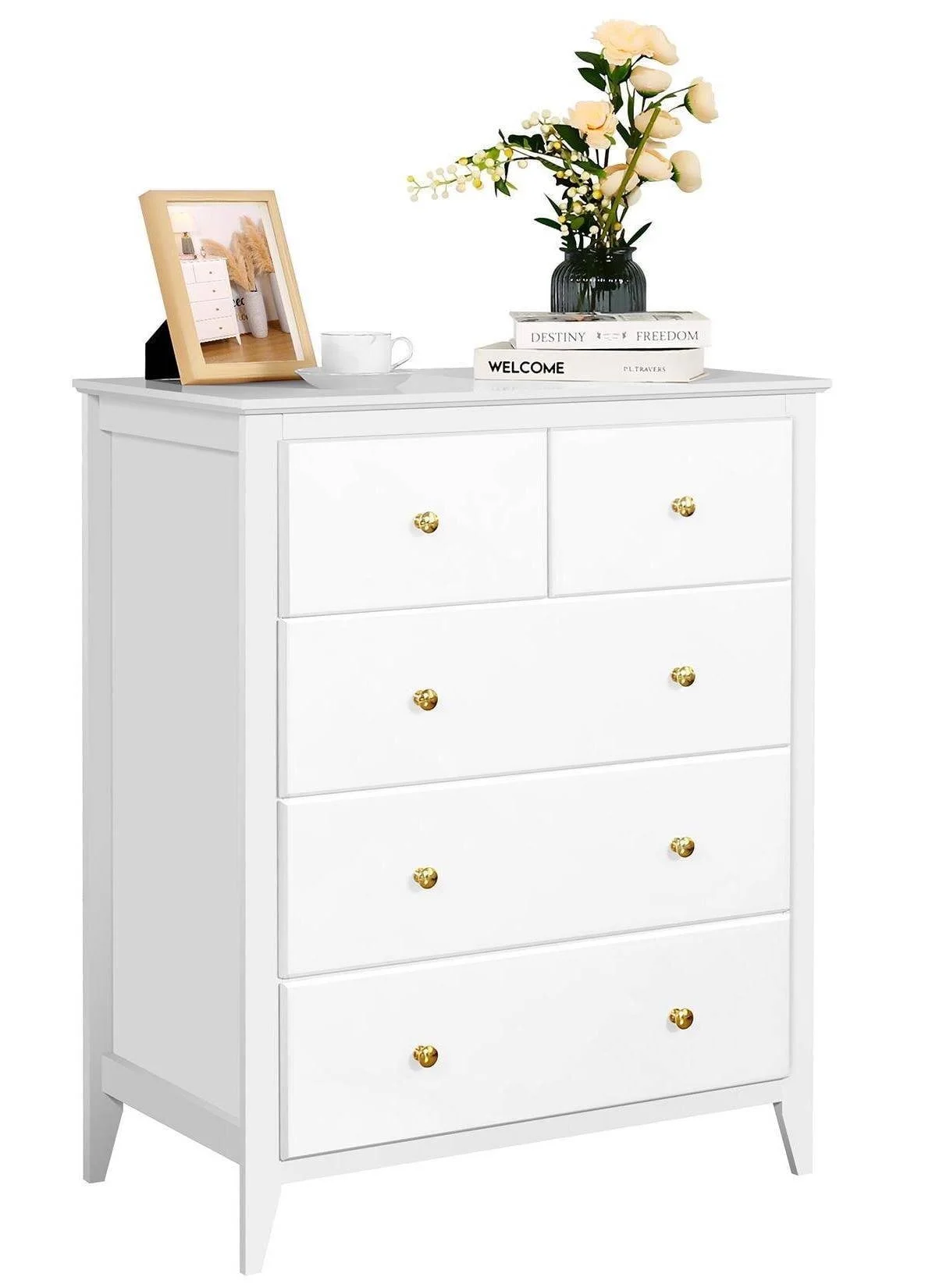 SEJOV White Double Dresser with 5 Drawer, Modern Chest of Drawers for Bedroom, Nursery, Kids, Wood Storage Organizer Cabinet for Clothing