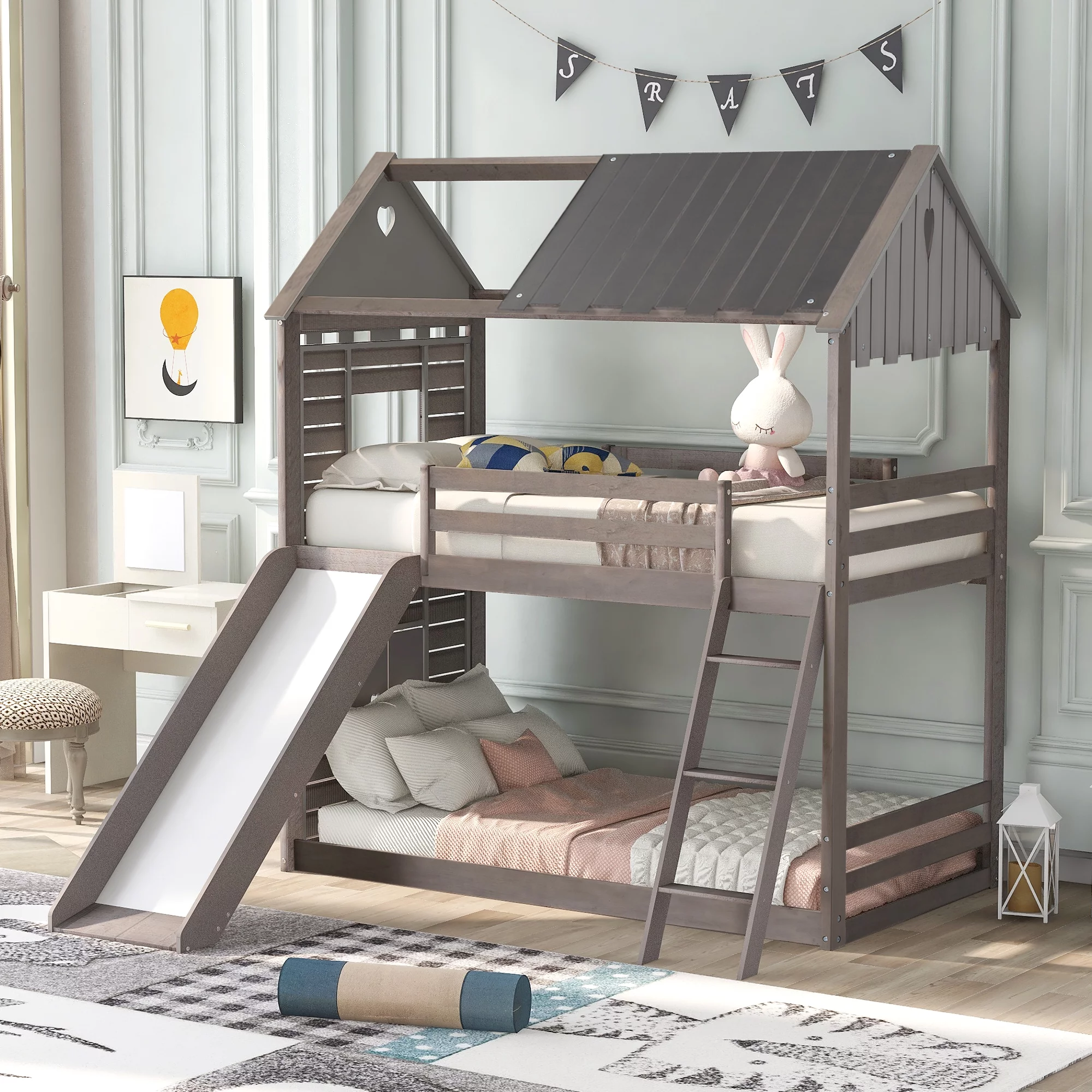 Bellemave House Bunk Beds with Slide, Wood Twin Over Twin Bunk Bed Frame with Ladder for Kids Toddlers Girls Boys (Grey)