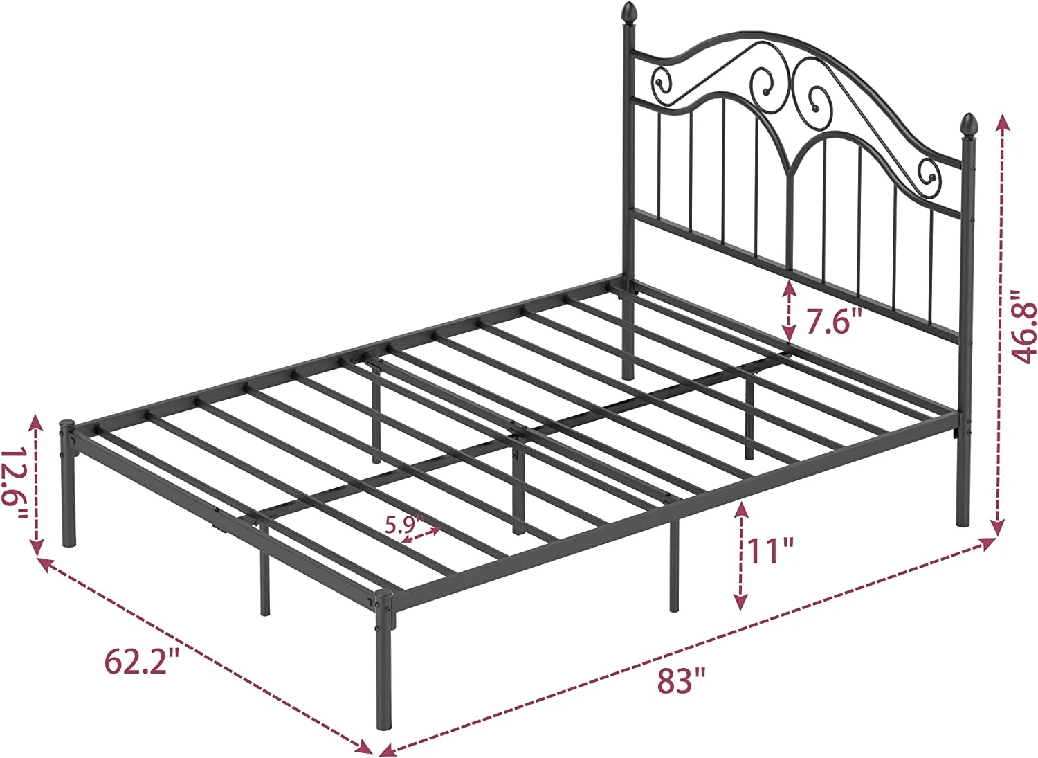 Full Size Metal Bed Frame with Vintage Headboard 11 Inches Storage Space Platform Bed No Box Spring Needed Easy Assembly Black
