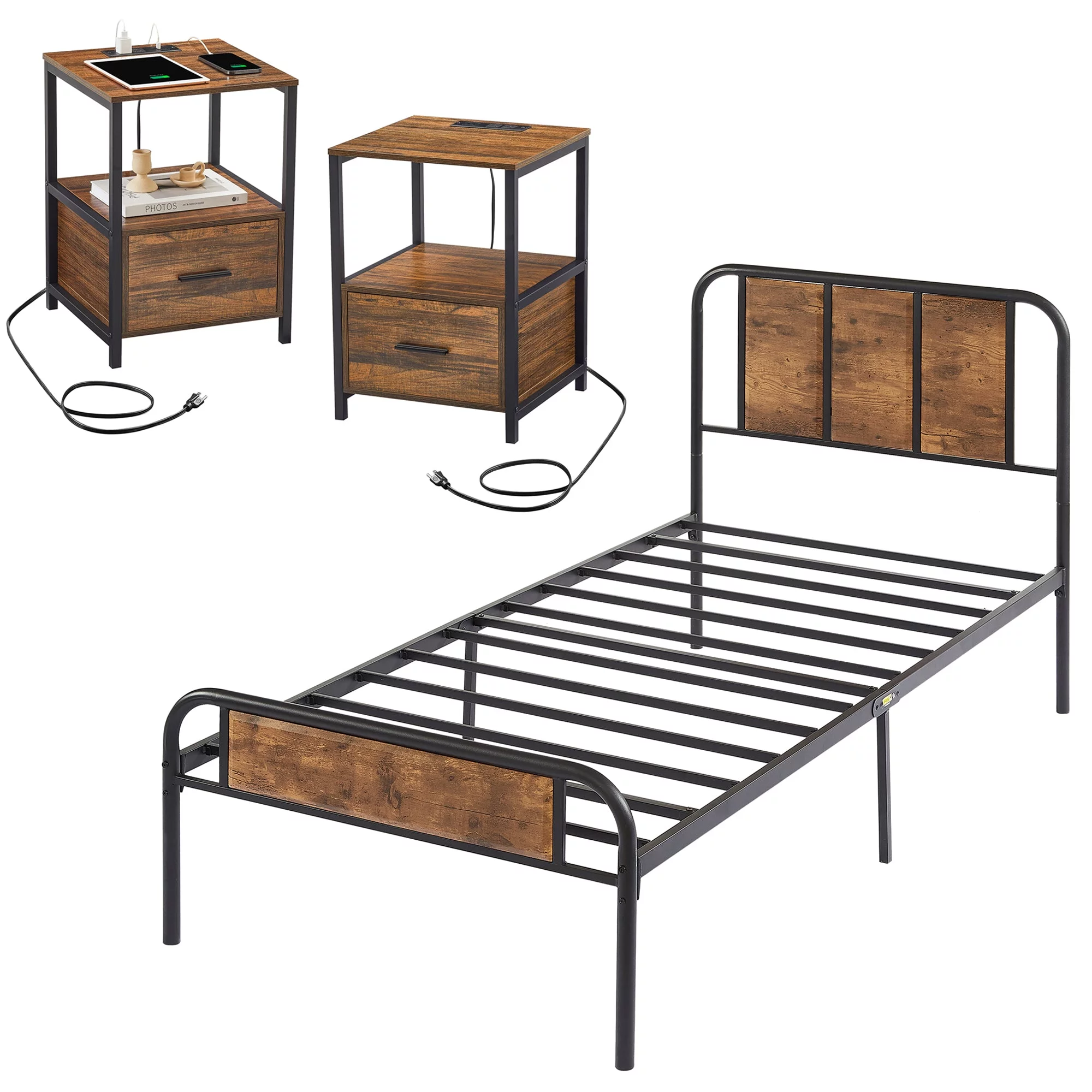 VECELO 3-Piece Bedroom Set with Twin Bed Frame + 2 Nightstands, Brown