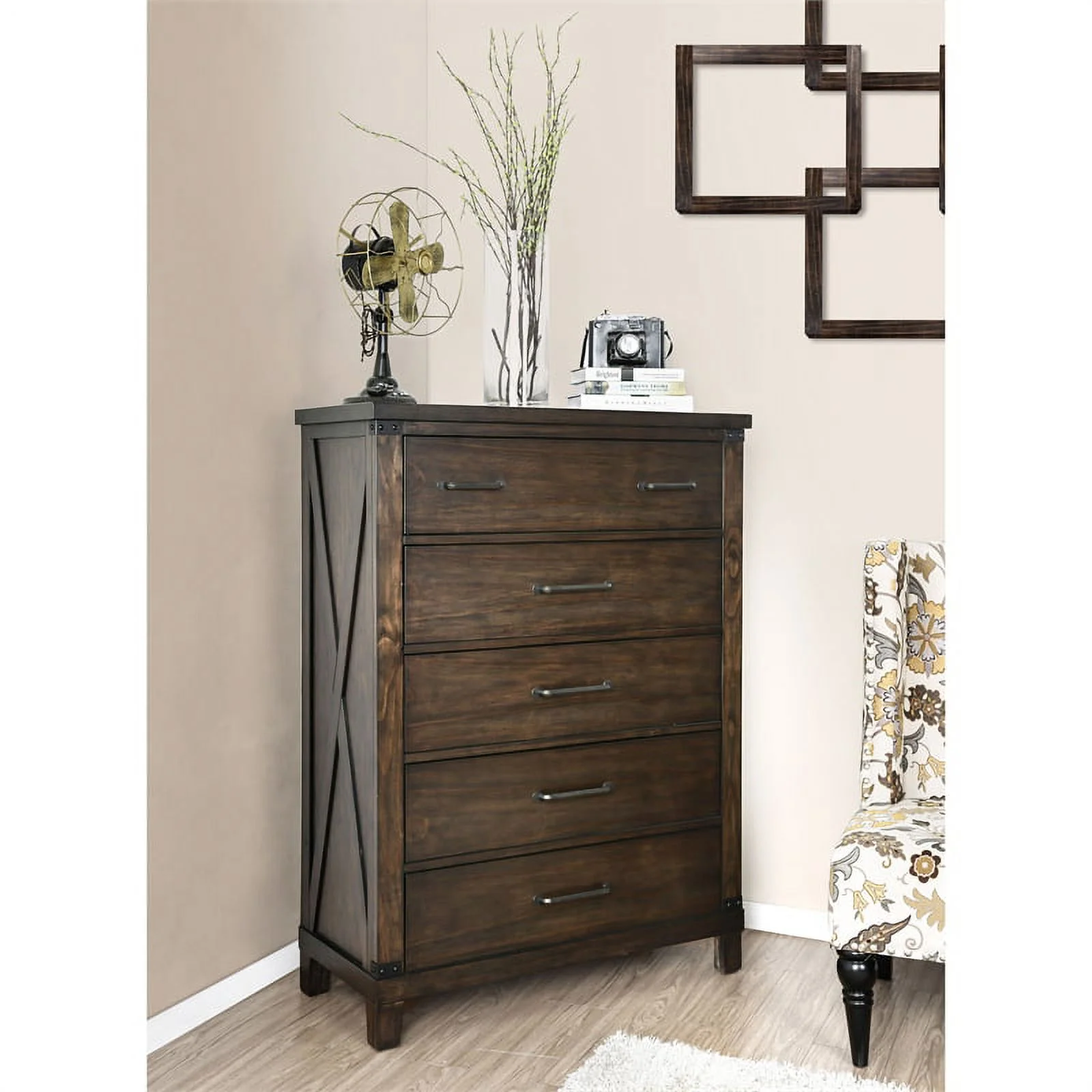 Bowery Hill 5-Drawer Farmhouse Solid Wood/Wood Veneer/MDF Chest in Walnut
