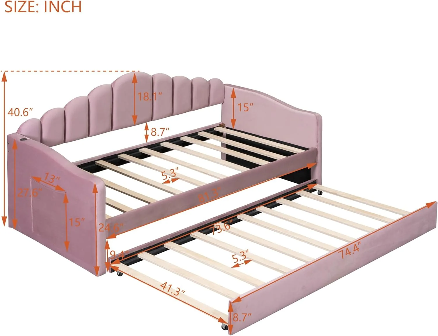 Size Daybed With Trudle, Velvet Upholstered Sofa Bed With USB Chargig Ports Ad Storage Side Pocket, Moder Sofabed Solid Wood Bed Frame, Pik