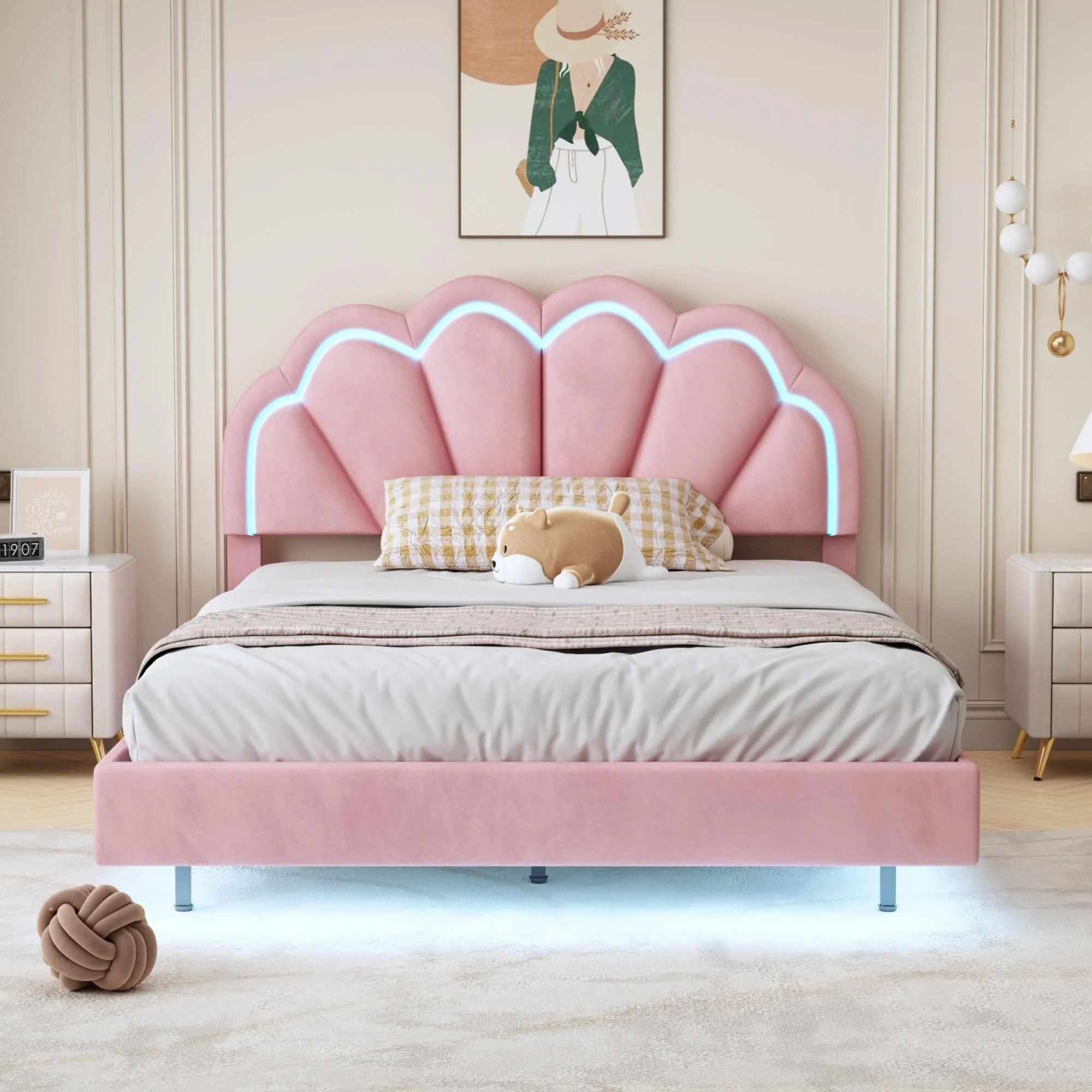 Bellemave Full Size LED Floating Bed Frame, Pink Upholstered Platform Bed with Flowers Headboard, Modern Velvet Cloud Beds with Light for Kids Girls Boys Teens Adults（Pink)