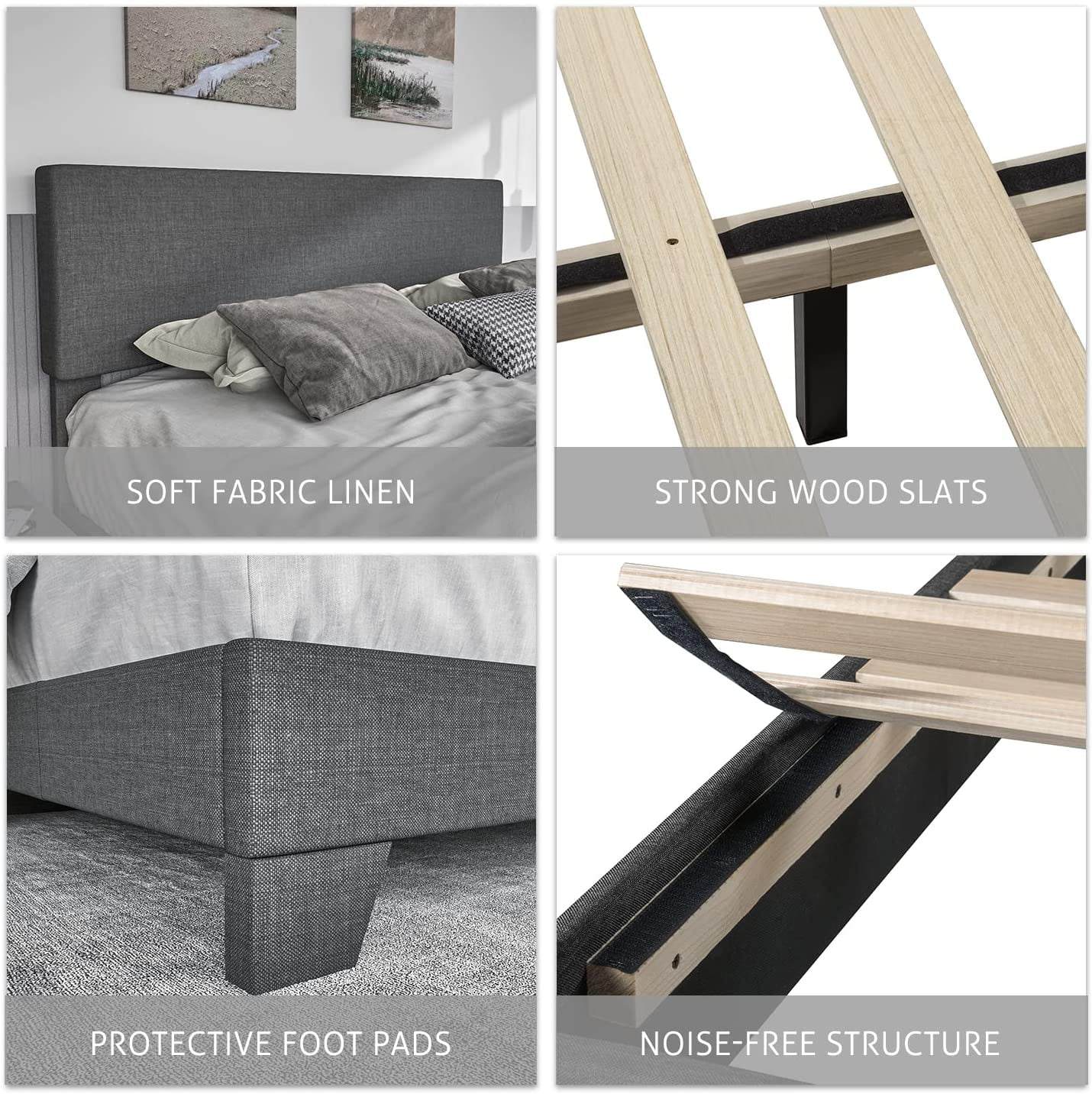 Sha Cerlin King Size Upholstered Platform Bed Fame with Adjustable Fabric Headboard, Wood Slat Support, Dark Grey