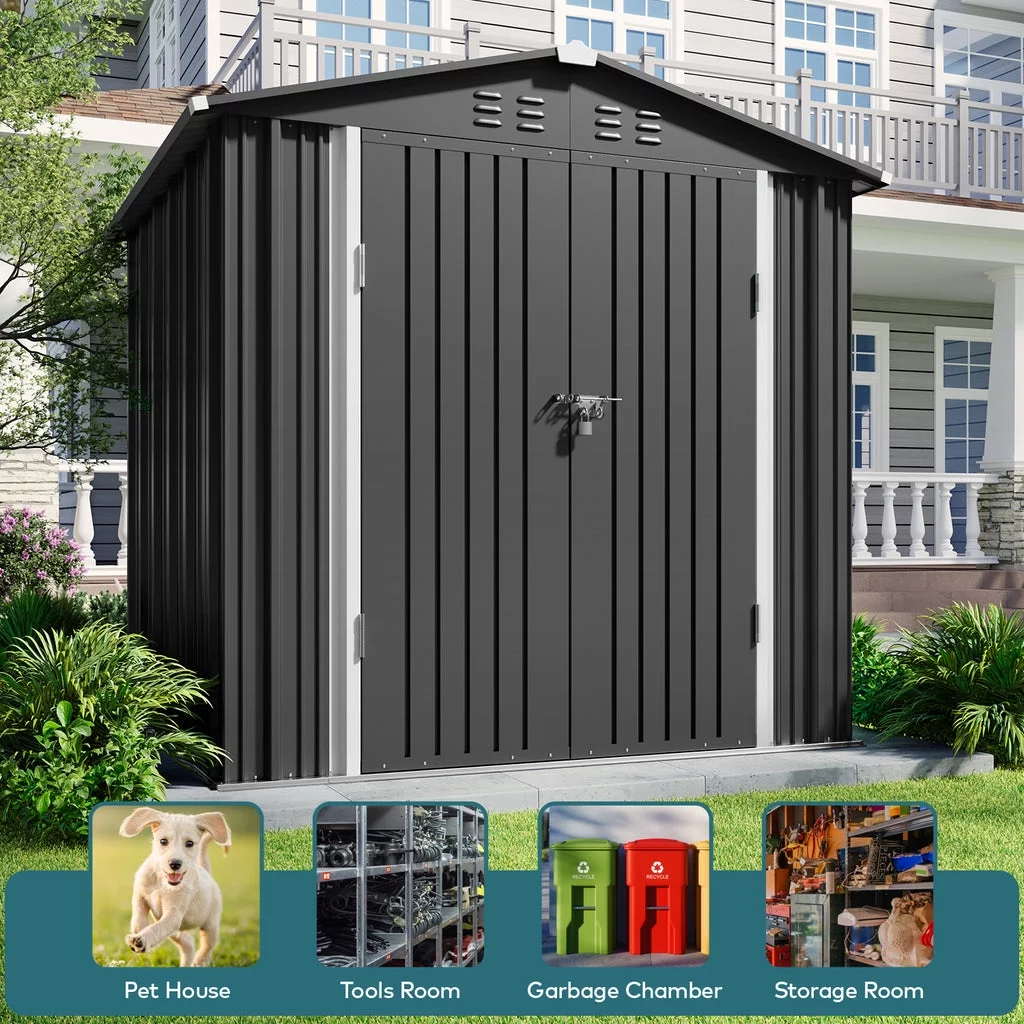 Aiho 8' x 6' Shed, Outdoor Storage Shed with Metal Base Frame & Air Vent & Lockable Doors for Garden and Backyard - Gray