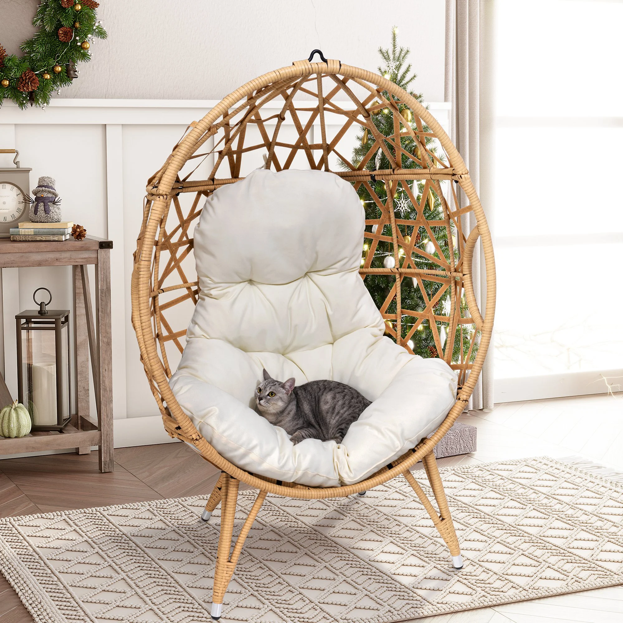 Crestlive Products Indoor Outdoor Wicker Egg Patio Chair PE Rattan Oversized Basket,Beige