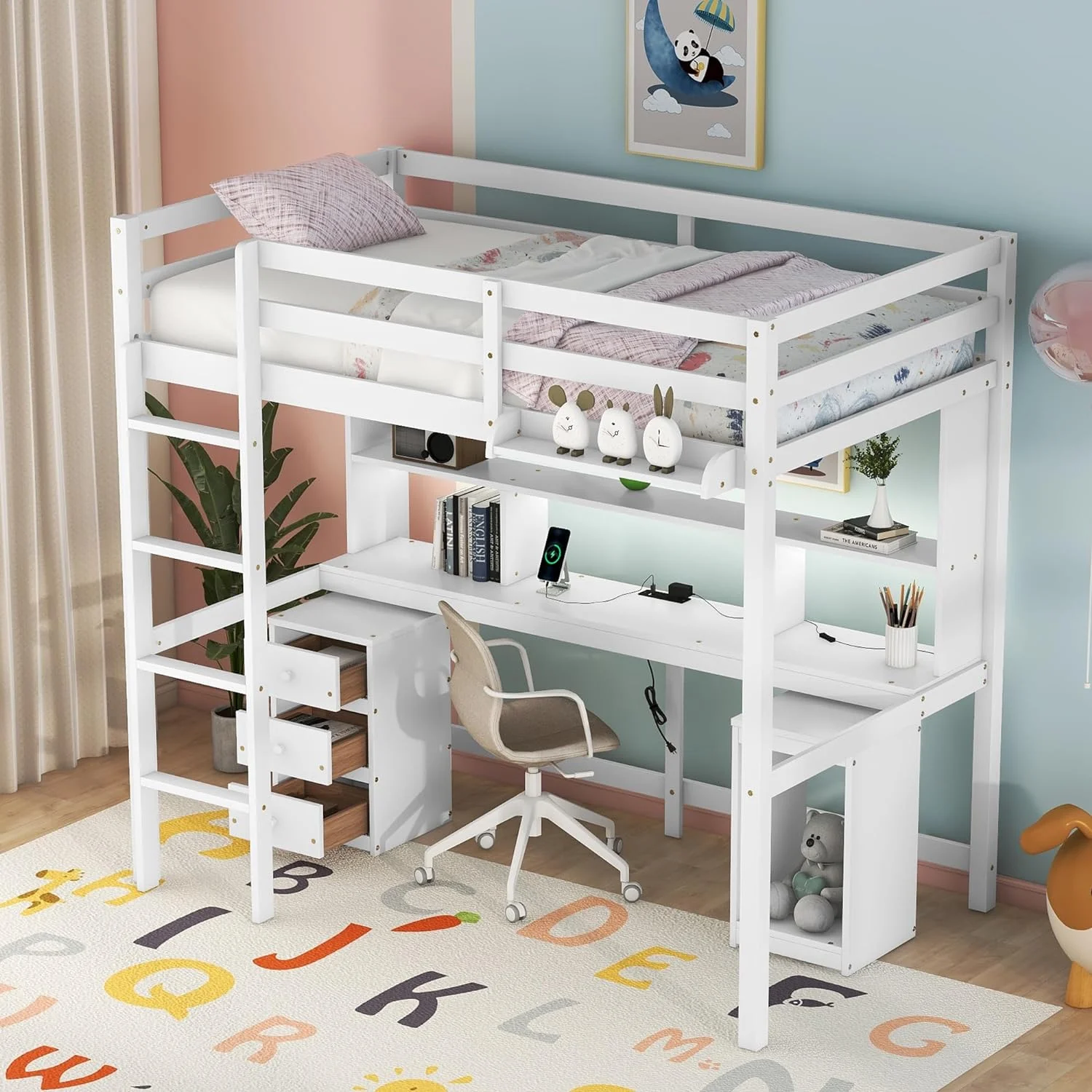 Size Loft Bed With Desk, LED Light And Bedside Tray, Charging Station, Wood Loft Bed Frame With Storage Drawers And Bookcase, White