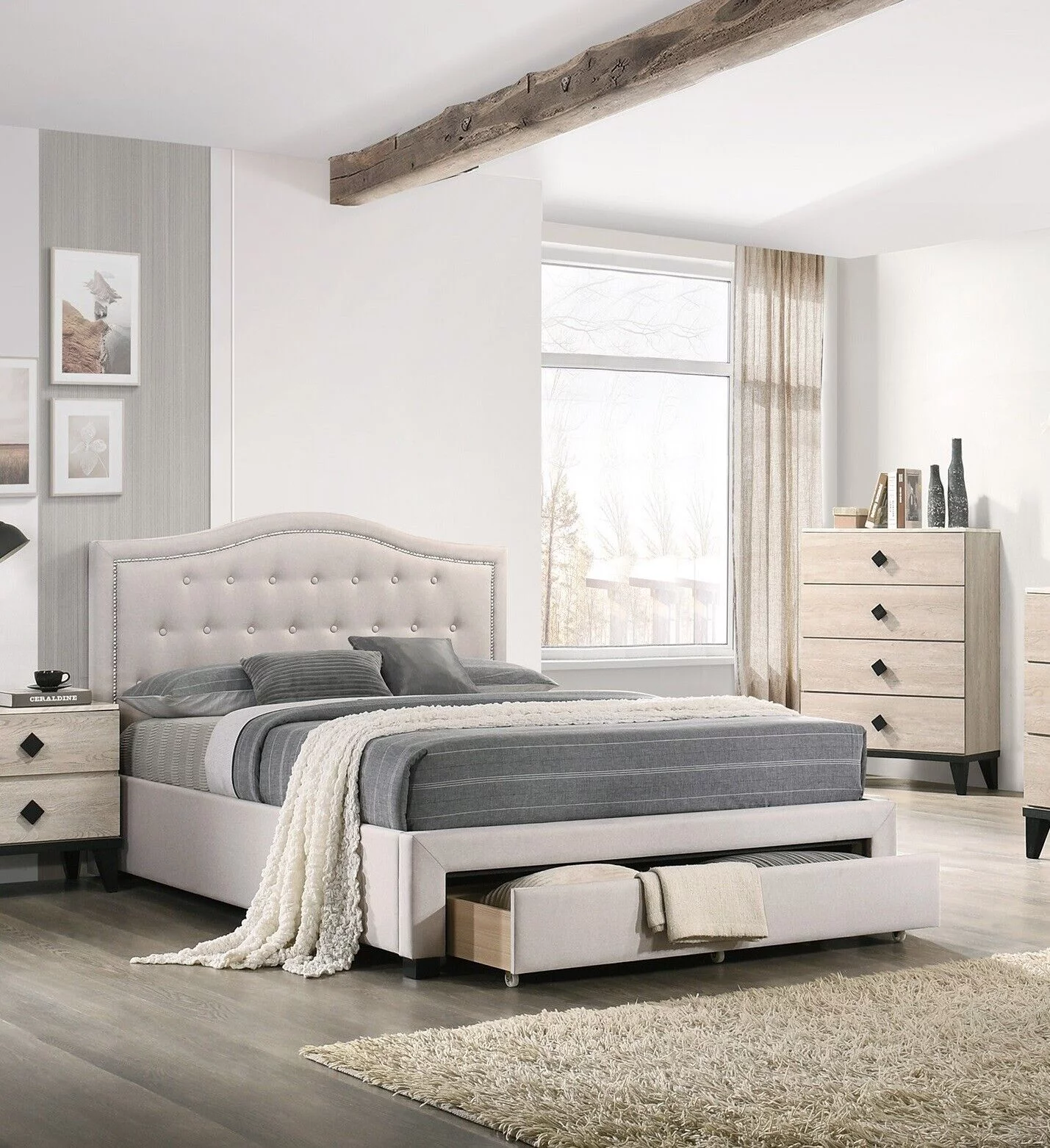 Light Brown Burlap Fabric Tufted Headboard Storage Footboard Full Size Bed 1pc Bedroom Furniture Particle Board