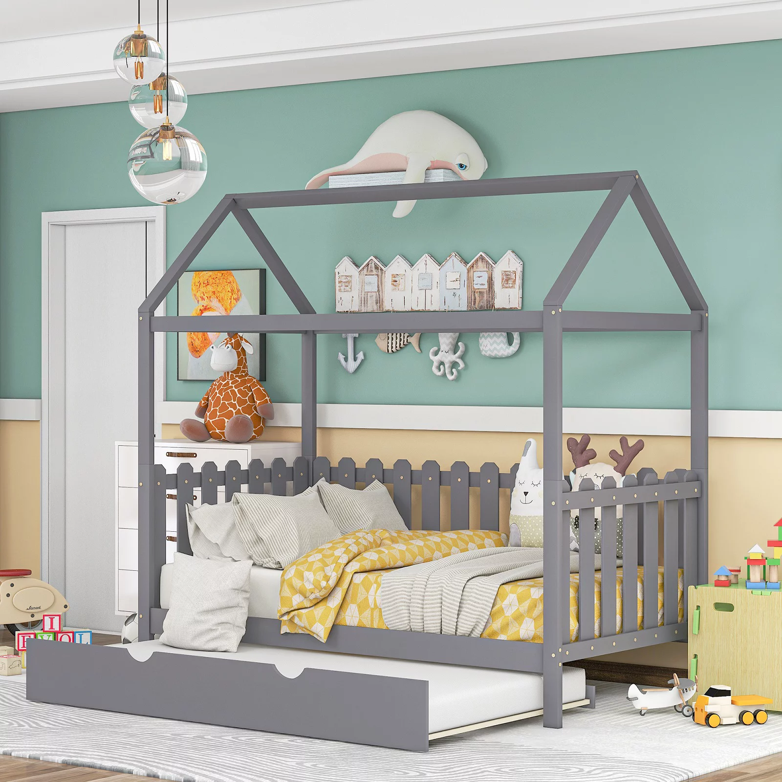 House Bed Daybed Twin Size Bed Frame with Trundle Fence-Shaped Guardrail Twin Trundle Daybed for Kids No Box Spring Needed Bedroom Furniture