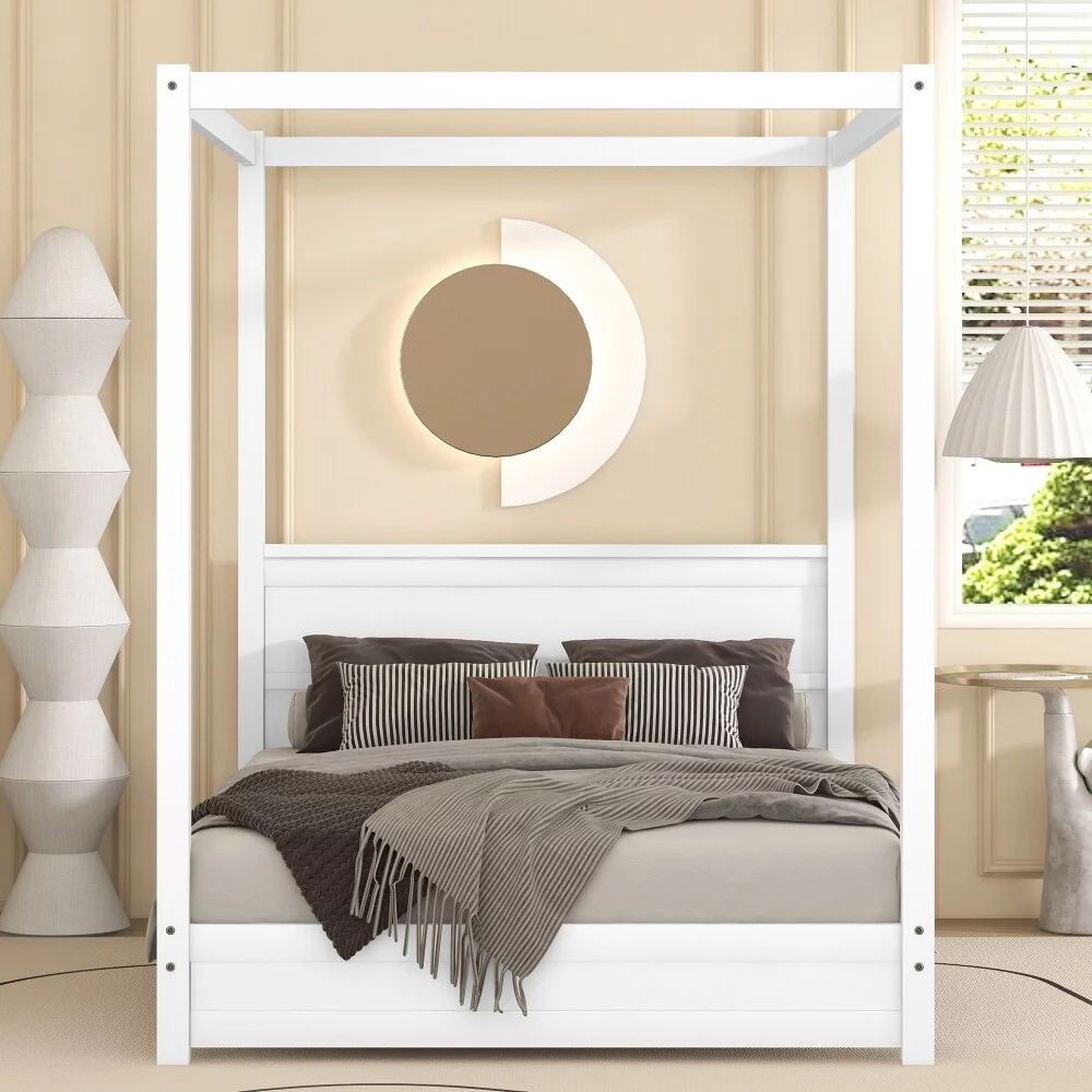 Canopy Platform Bed with Headboard and Support Legs White Queen