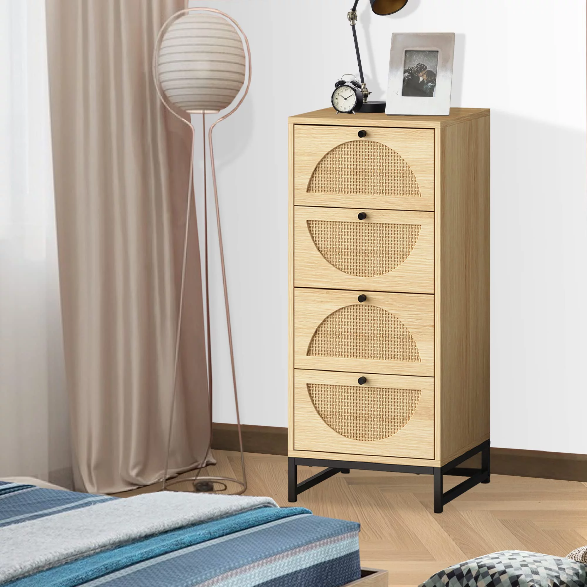 AWQM Rattan Cabinet with 4 Drawers, Tall Wooden Bedside Table with Metal Base, Accent Storage Cabinet for Living Room, Bedroom, Entrance, Hallway, Home Office Natural Oak