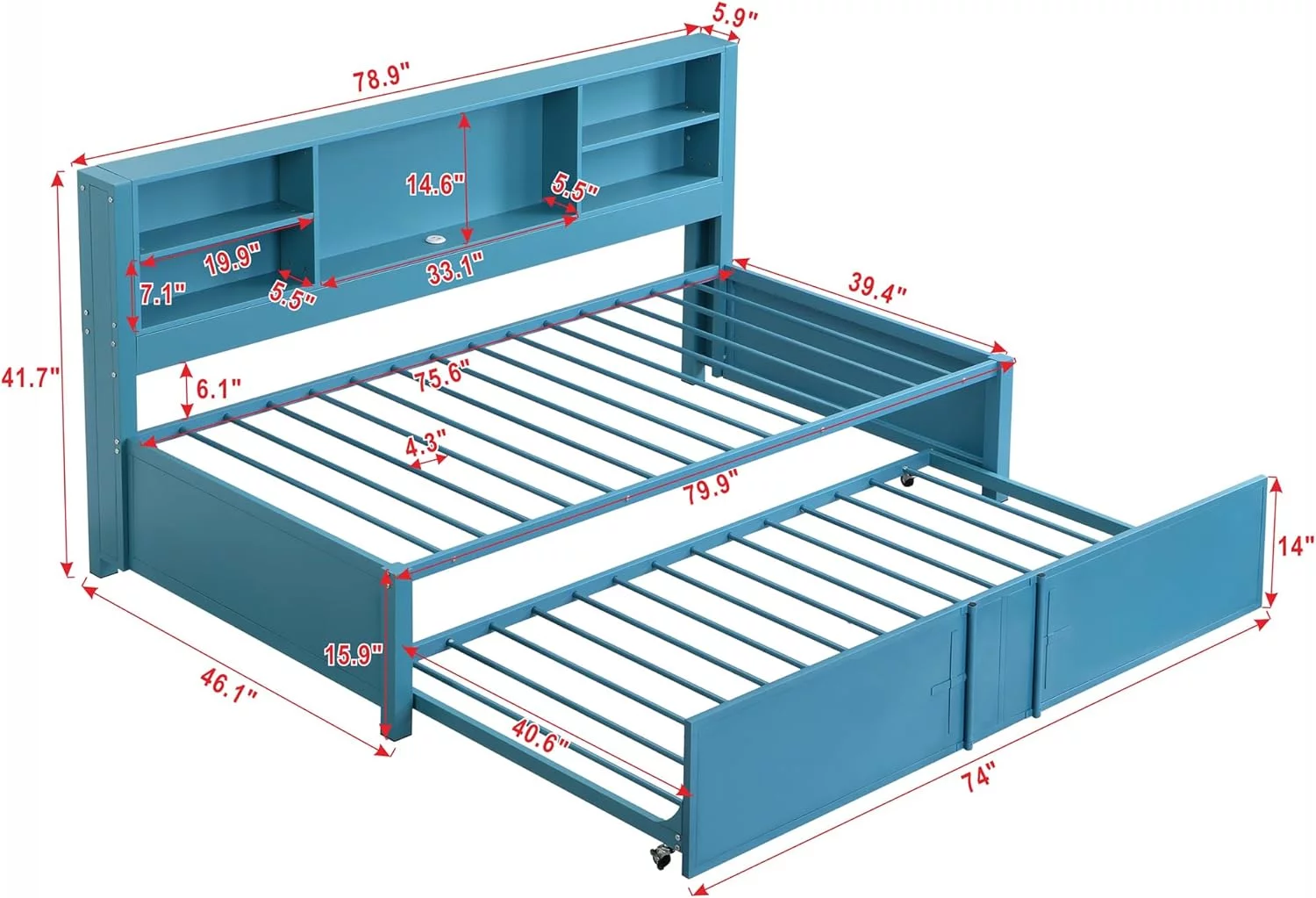 Size Daybed With Bookcase Headboard, Metal Daybed With Trundle And USB Ports, Captains Daybed With Storage Shelves And Metal Slats, Blue