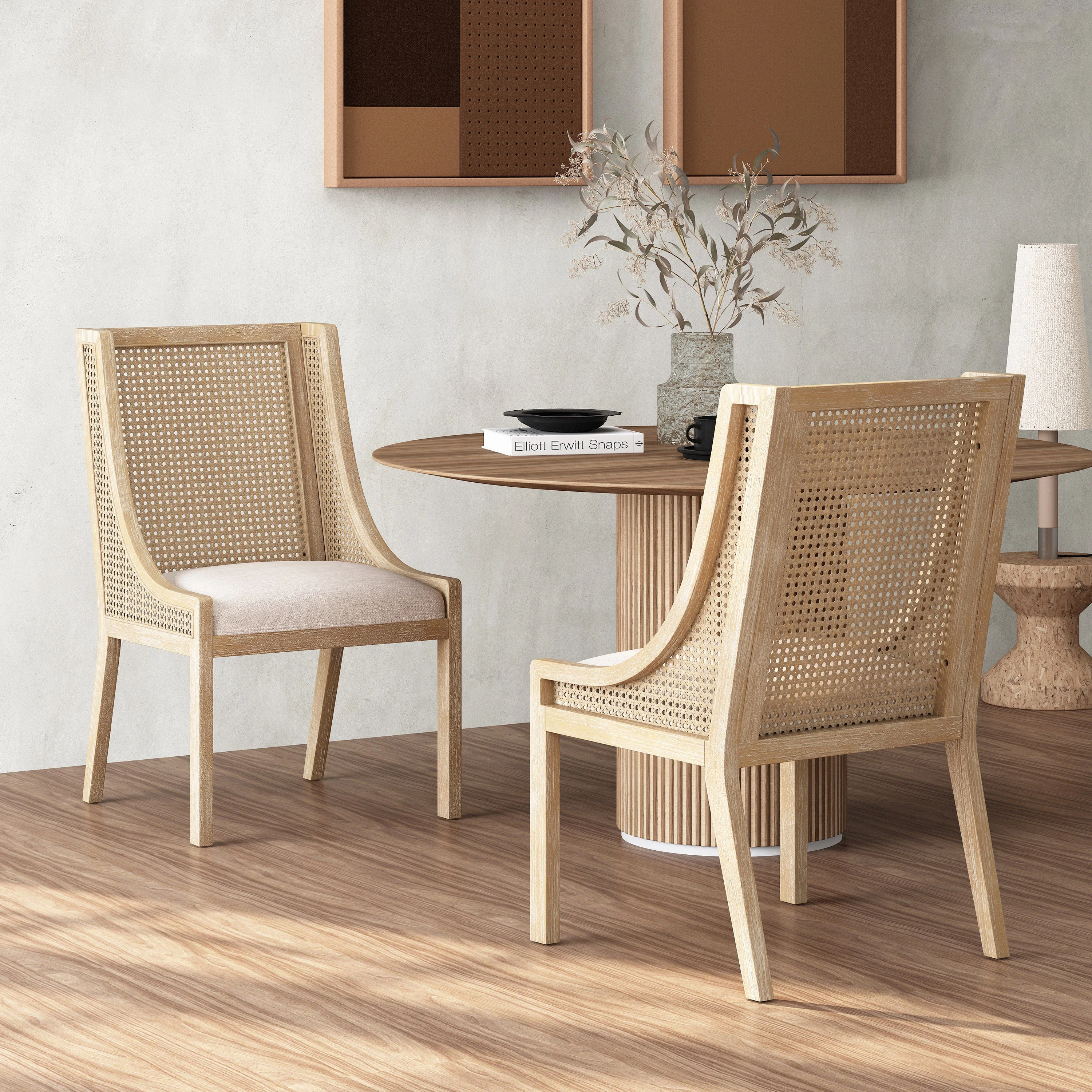GDF Studio Wendell Rustic Fabric Upholstered Wood and Cane Dining Chairs, Set of 2, Beige and Natural