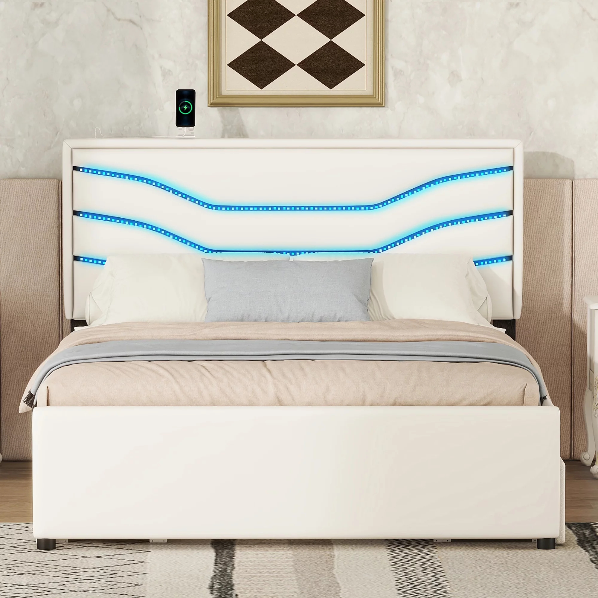 Churanty Queen Size Upholstered Storage Platform Bed with LED Headboard ,Wooden Queen Bed Frame with 4 Drawers and USB Charging, White