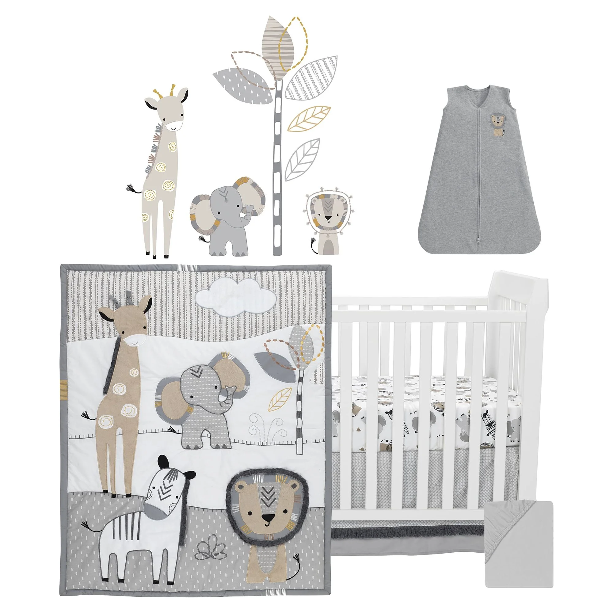 Lambs & Ivy Jungle Safari Gray/Tan/White Nursery 6-Piece Baby Crib Bedding Set