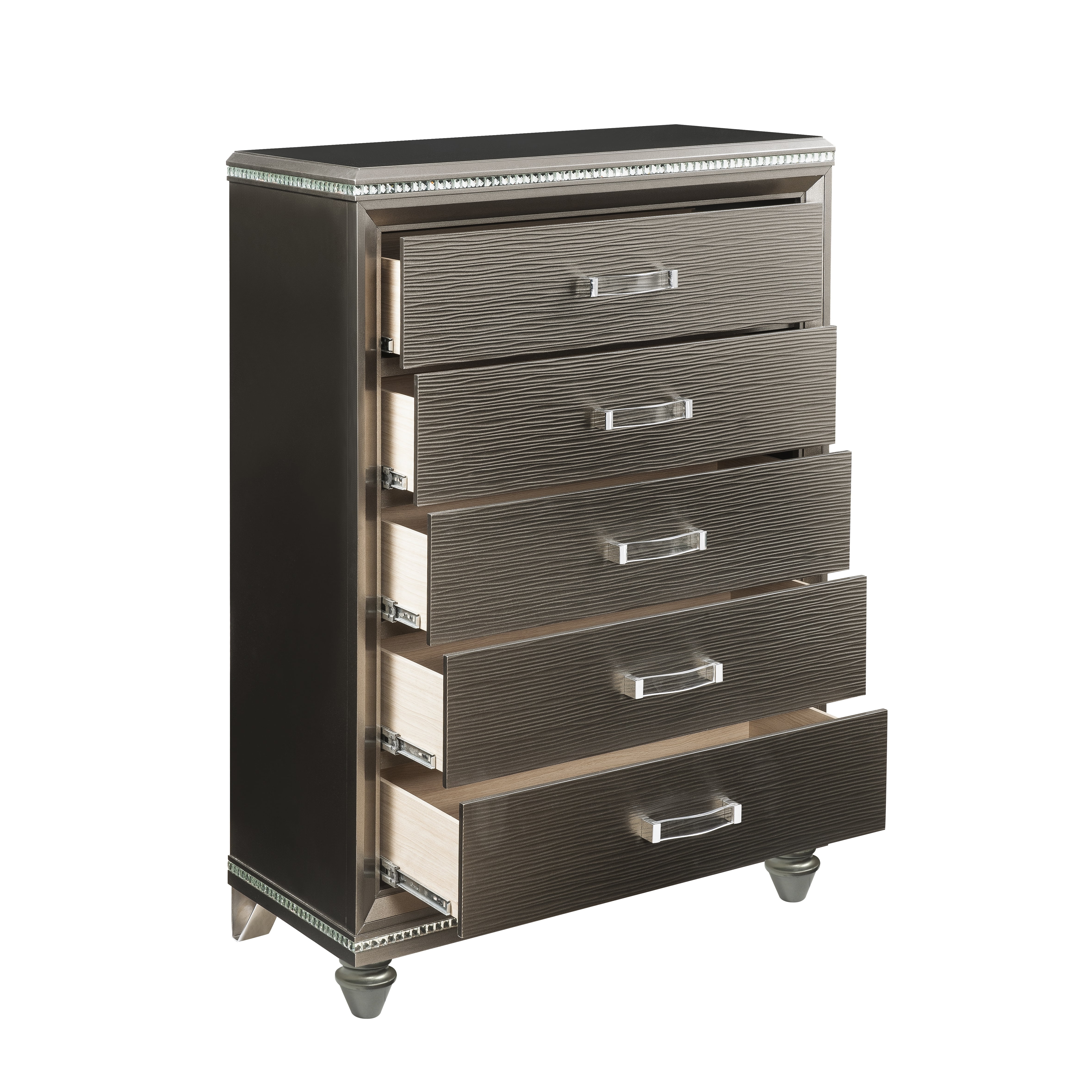 Benjara BM218517 Contemporary 5 Drawer Wooden Chest with Mirror Trim Details, Brown