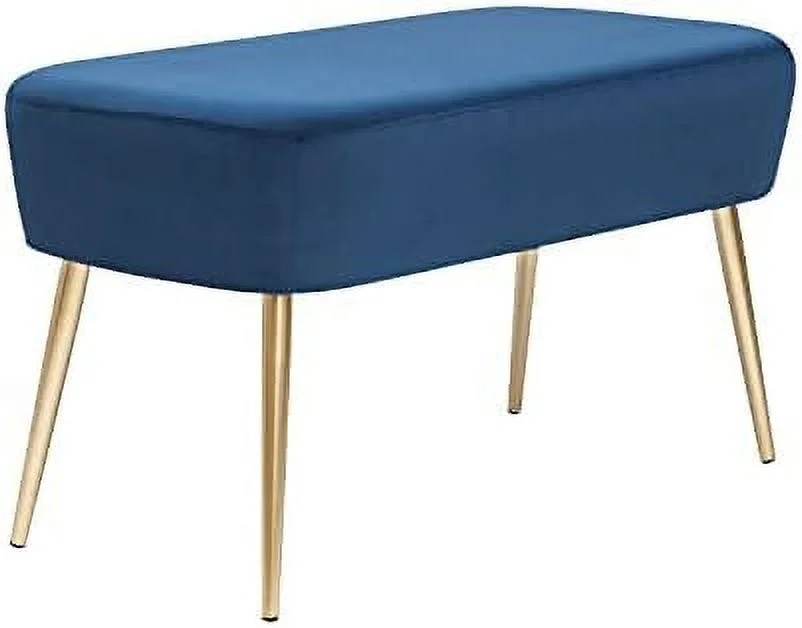 KHBIULIFE Upholstered Velvet Blue Ottoman Bench 35 inch Entryway Bench End of Bed Bedroom Footrest Stool with Golden Metal Legs for Bedroom Living Room