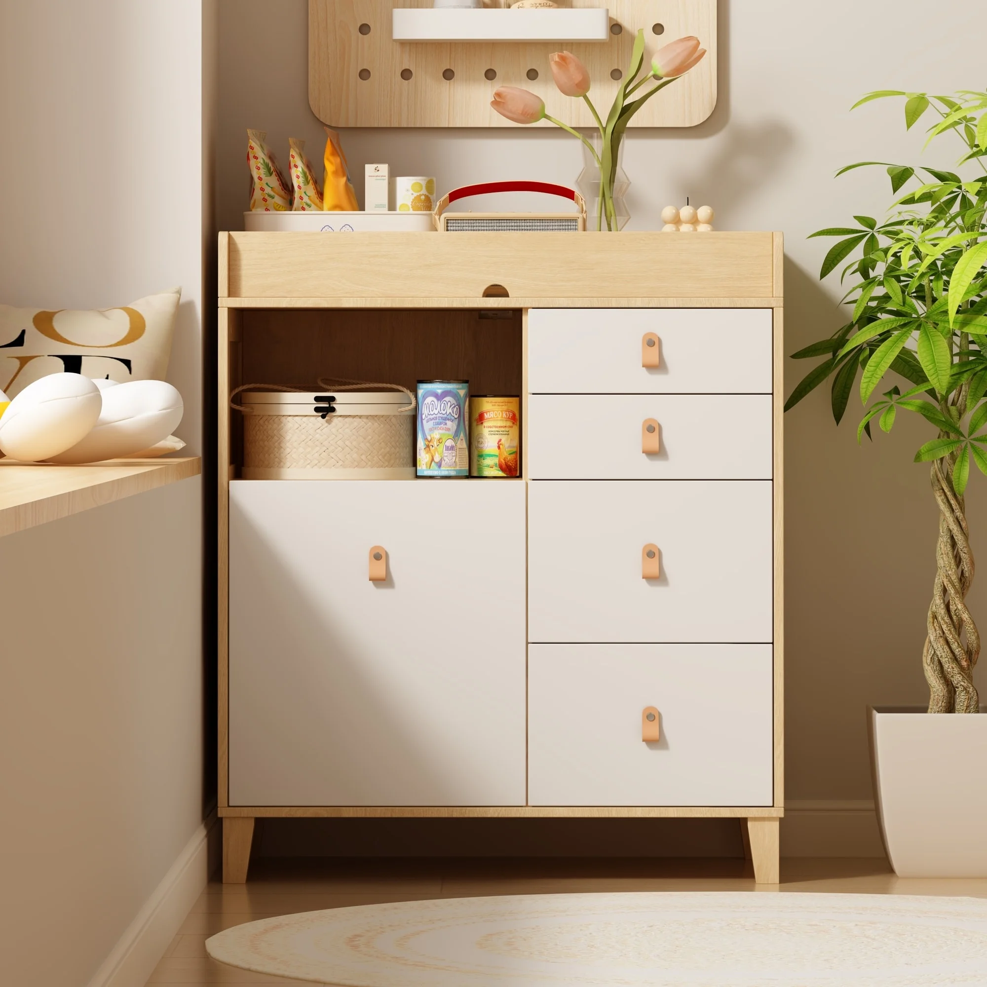 Versatile Nursery Changing Station with Ample Storage - White  Dresser Oak - 5-drawer