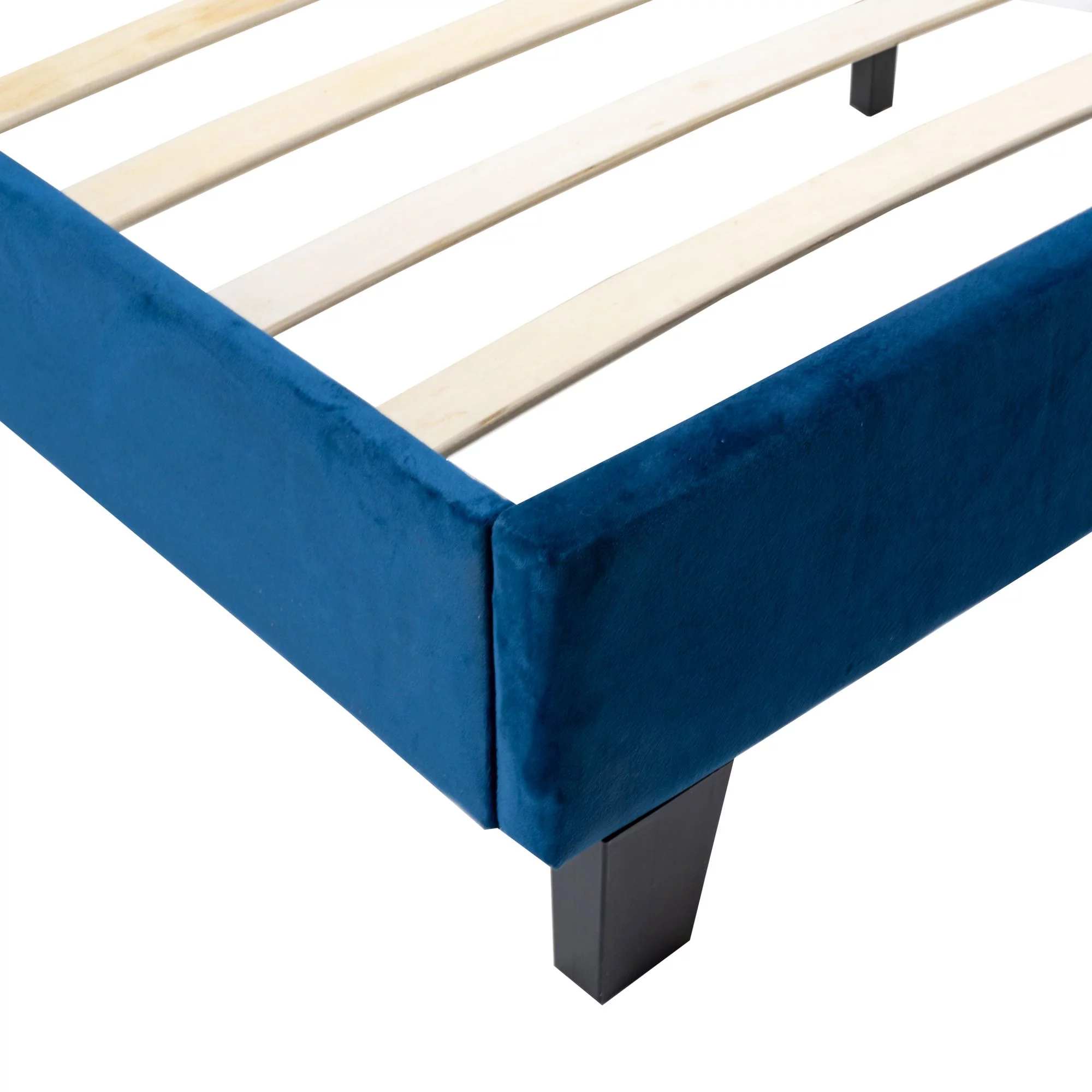Luxury Queen Size Wood Slat Bed Frame 800 lbs Capacity with Velvet Headboard Blue