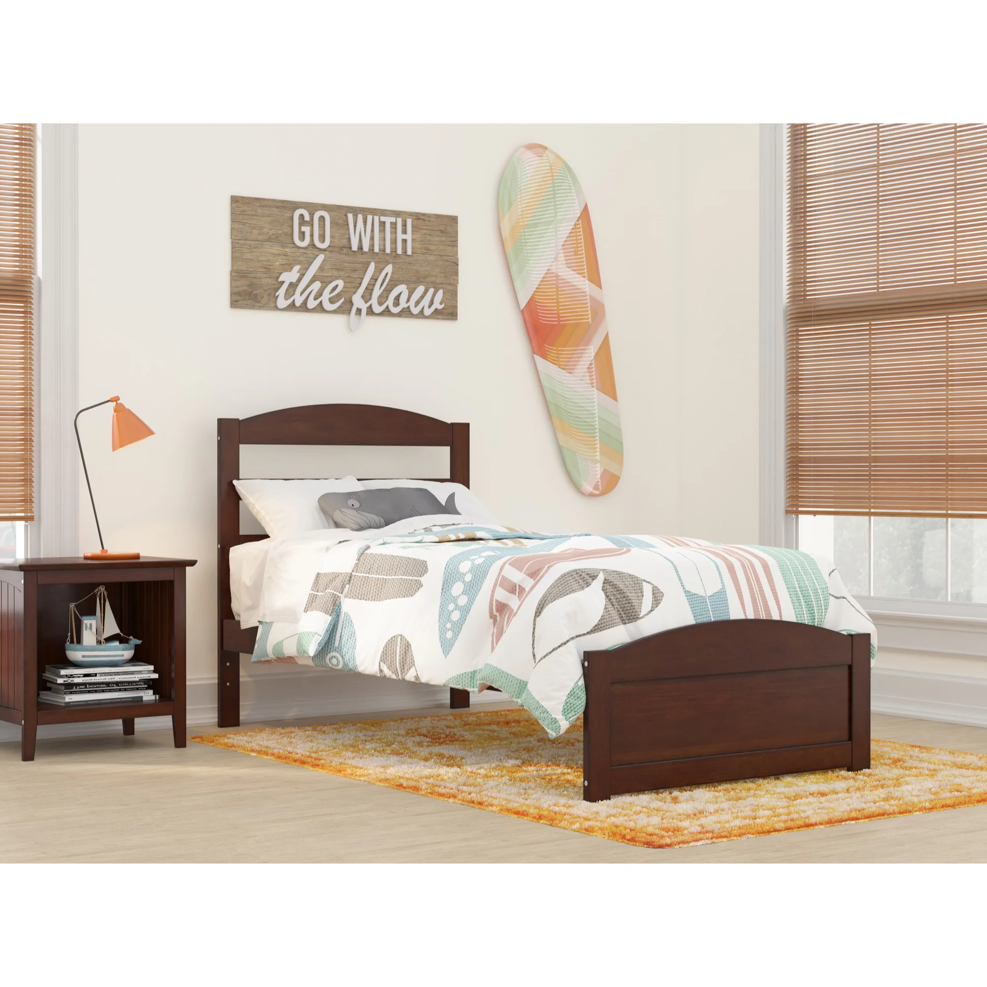 AFI Warren Solid Wood Twin Bed with Footboard and USB Charger in Walnut