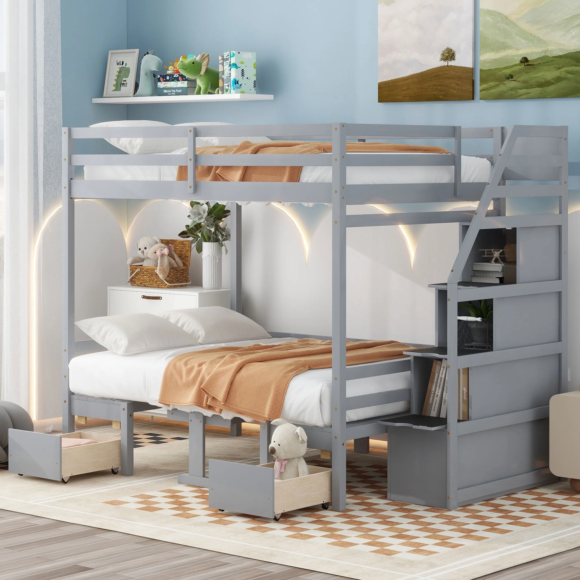 CoSoTower Full Over Full Size Bunk with Staircase,The Down Bed Can Be Convertible to Seats and Table Set,Gray