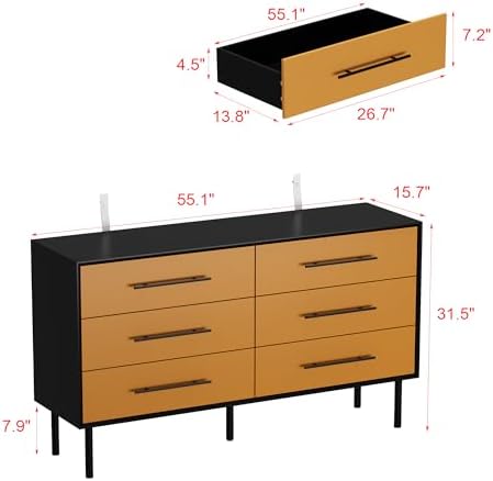 GEROBOOM Black Dresser for Bedroom with 6 Drawers  Modern Two-Tone Dresser  55.1" L Wood Dresser Chest of Drawers with Orange Drawers  Wide  & Metal Handles for Living Room