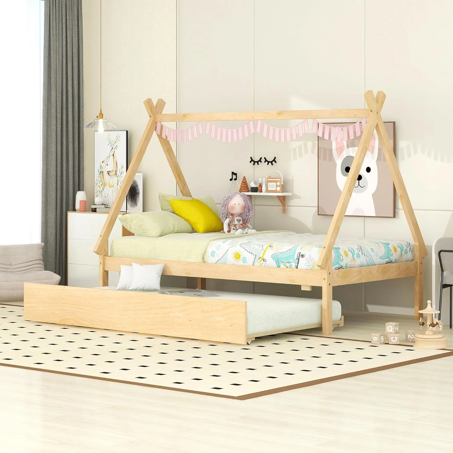 Size Tet Bed For Kids, Teepee Bed Frame With Trudle,Wood Motessori Bed For Girls Boys Bedroom Furiture, atural