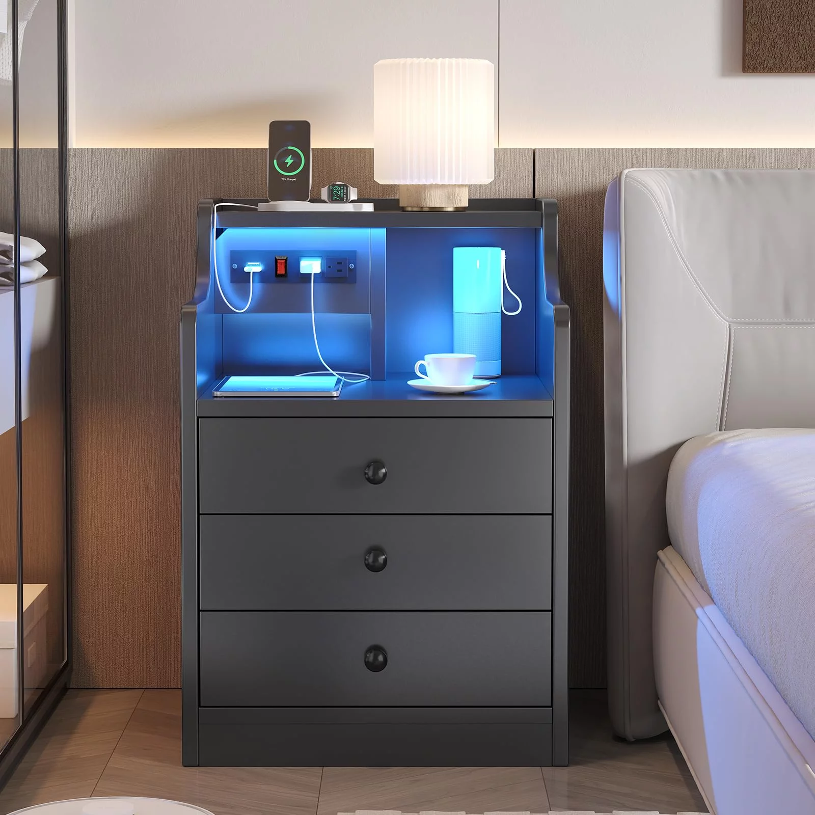 AOGLLATI Nightstand with 3 Drawers and Shelves,Night Stand with LED Lights and USB Port Charging Station,LED Bedside Table with Hutch,Black