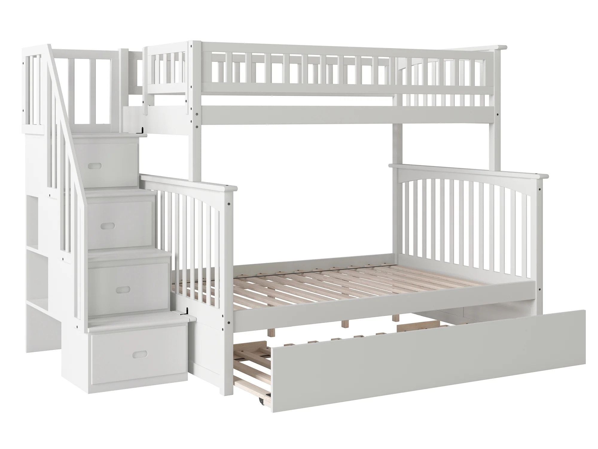 Columbia Staircase Bunk Bed Twin over Full with Full Size Urban Trundle Bed in White