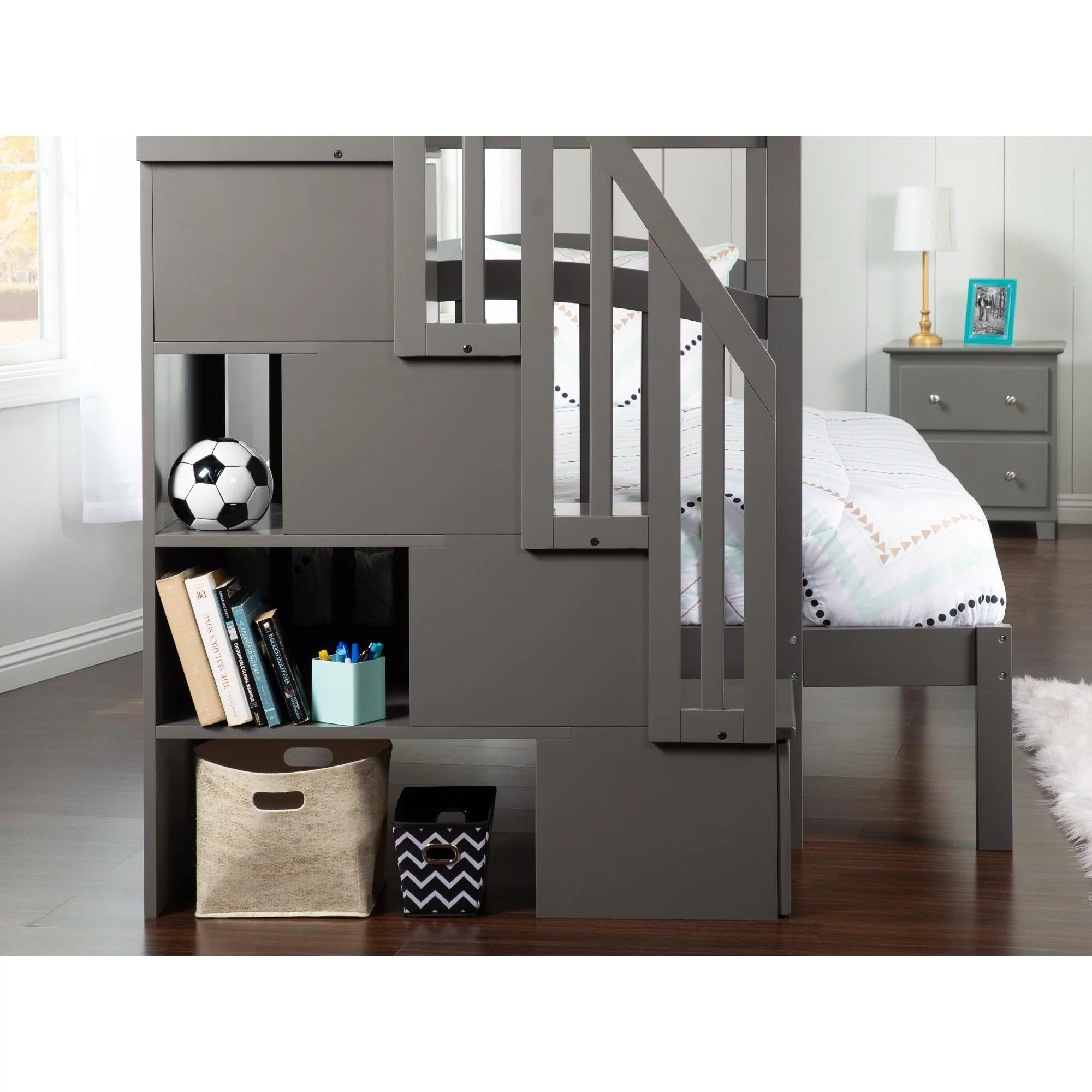 Westbrook Staircase Bunk Twin over Full with Twin Size Urban Trundle Bed in Grey