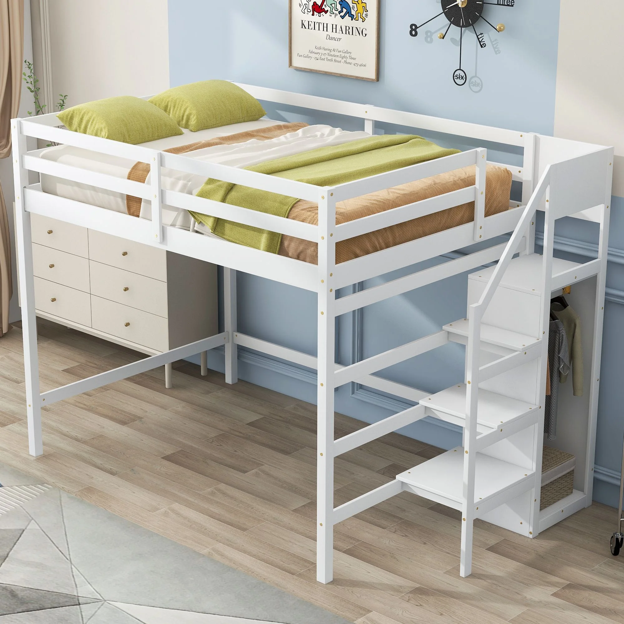 Full Size Multifunctional High Loft Bed with Built-in Storage Wardrobe and Staircase, Sturdy Wooden Loftbed Frame with Ladder & Safety Guardrail for Teens Bedroom