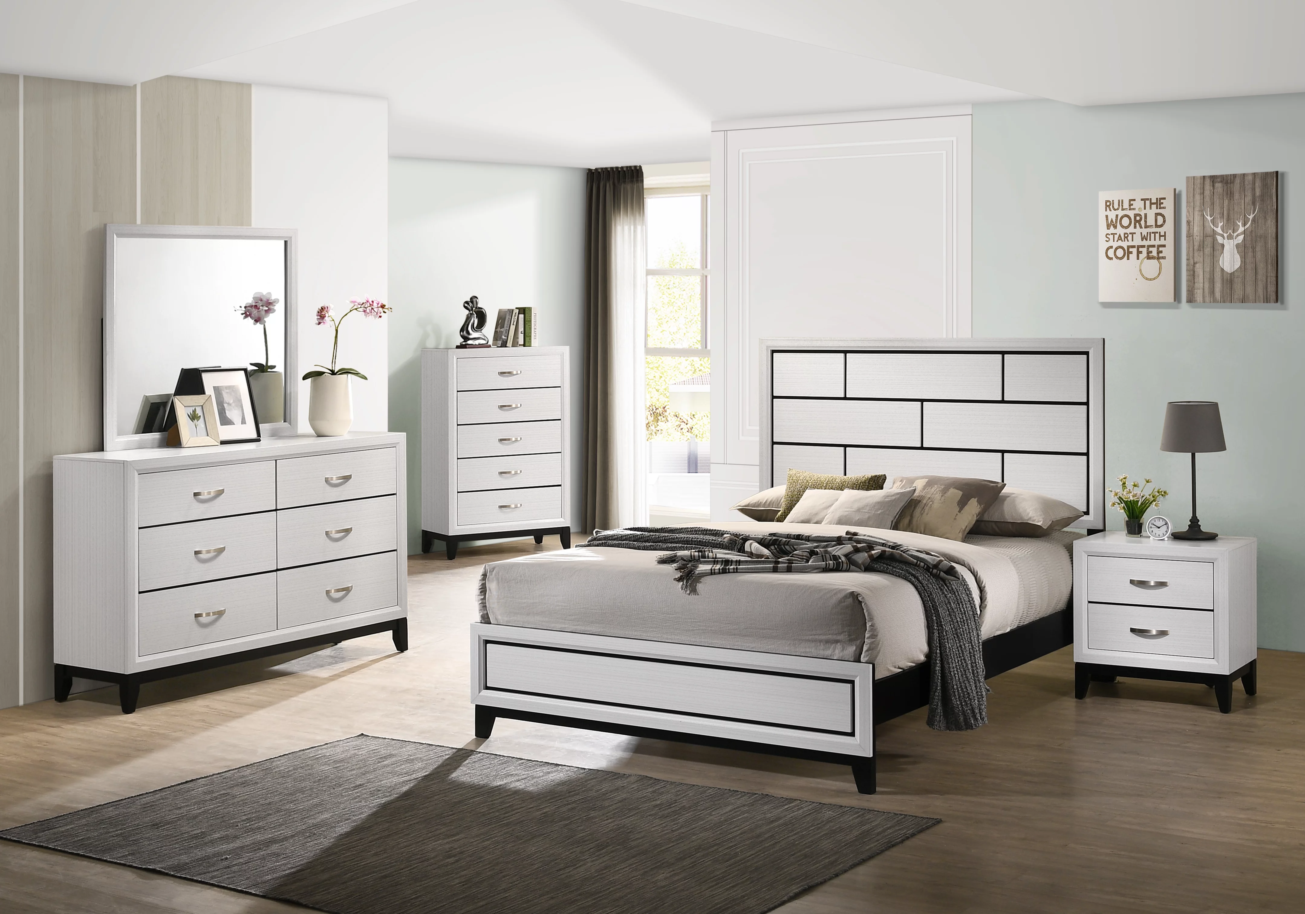 Stout Contemporary Panel Bedroom Set in White Finish with Queen Bed, Dresser, Mirror, Night Stand, Chest