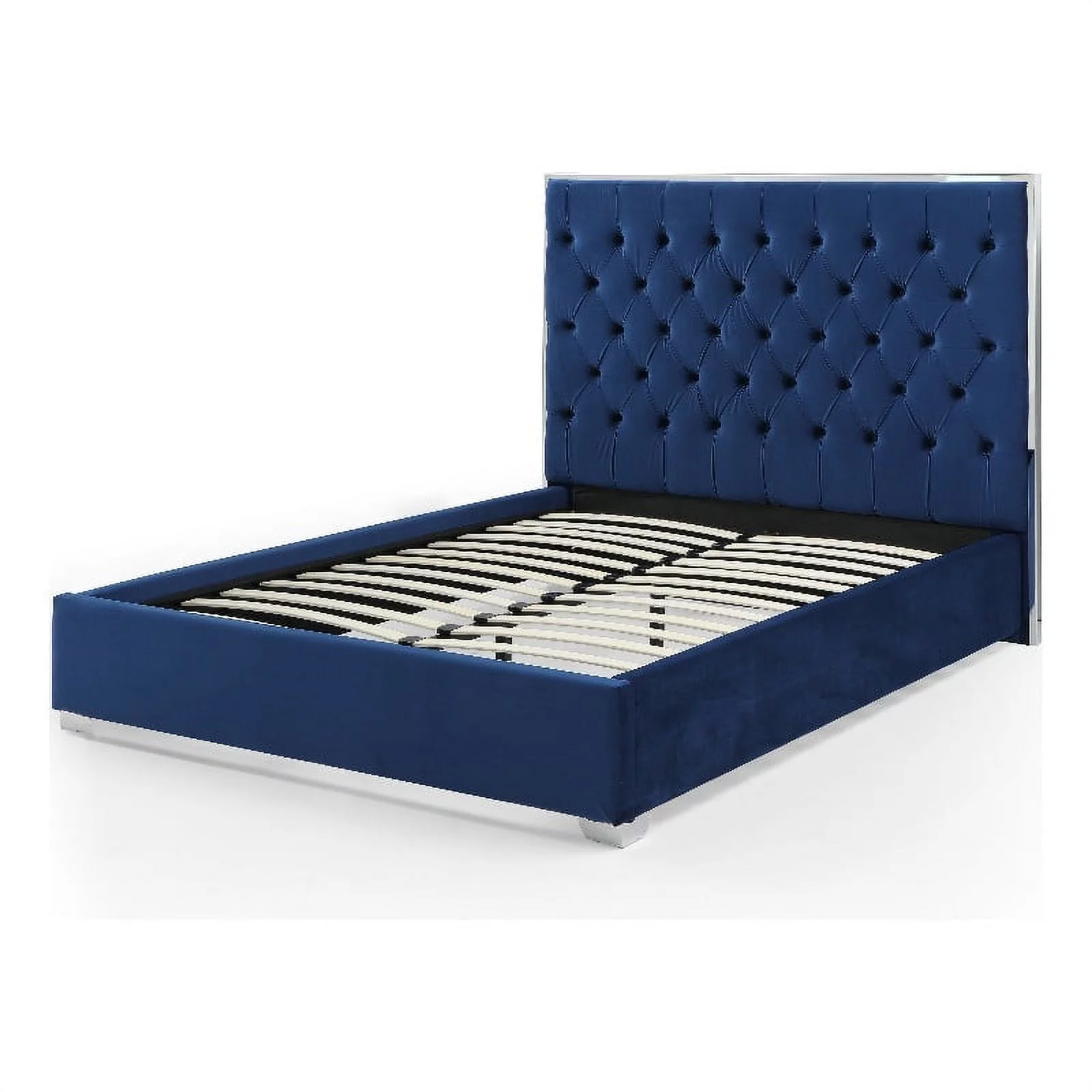 Better Home Products Sophia Velvet King Bed with Silver Metal Frame in Blue