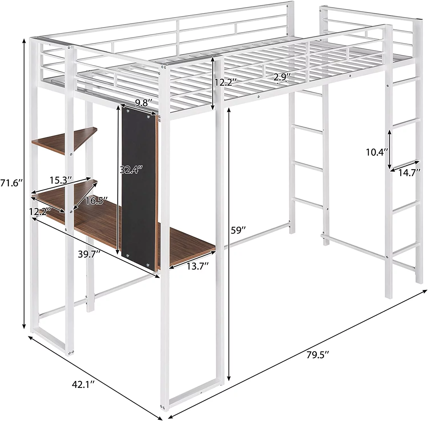 Metal Loft Bed Size With Desk And Bookcase, Loft Bed Full-Length Guardrail, No Box Spring Needed (White)