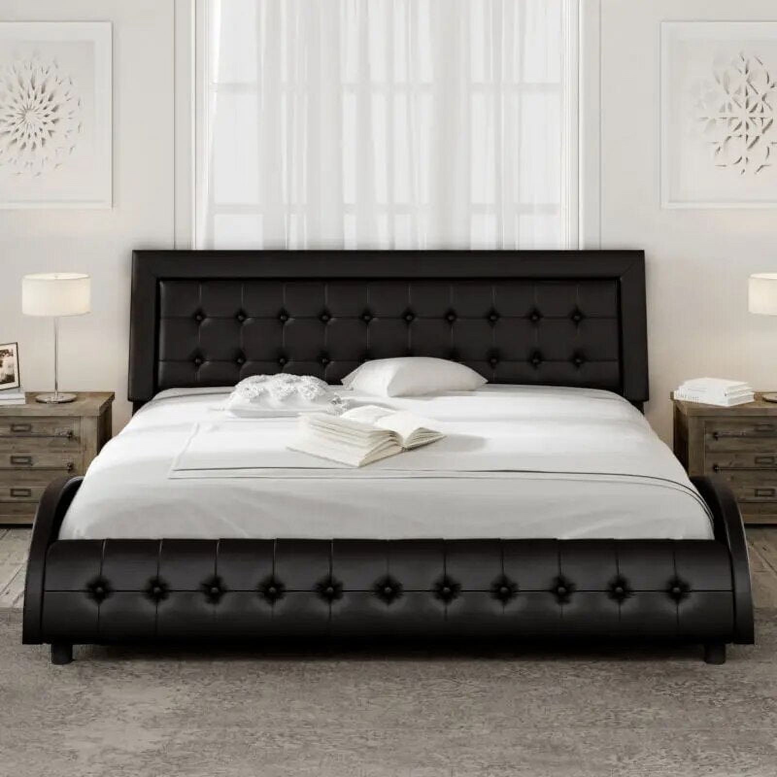 Low Platform bed Upholstered Faux Leather Bed Frame, Adjustable Headboard, Bedrooms furniture King Size