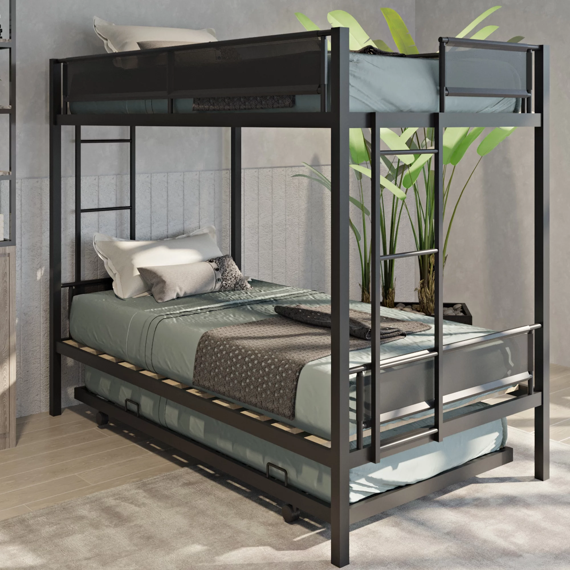 iRerts Twin over Twin Bunk Bed with Trundle, Heavy Duty Metal Bunk Bed with 2 Ladders and Safety Texteline Guardrail, Bunk Bed Twin over Twin for Kids Teens Adults Bedroom, No Box Spring Needed, Black