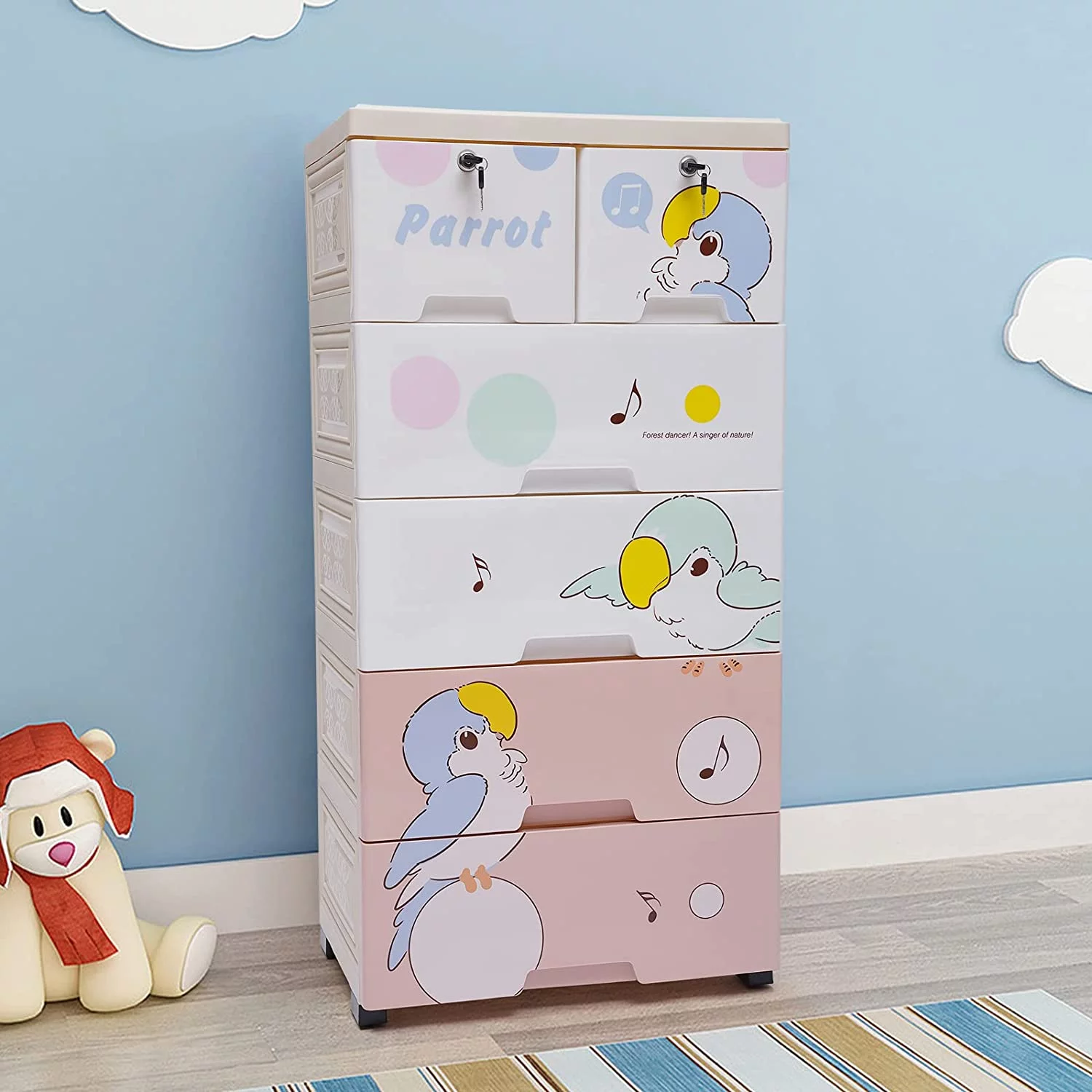 FETCOI Plastic Cabinet 6 Drawer Plastic Dresser Storage Cabinet Parrot Pattern Kids' Room