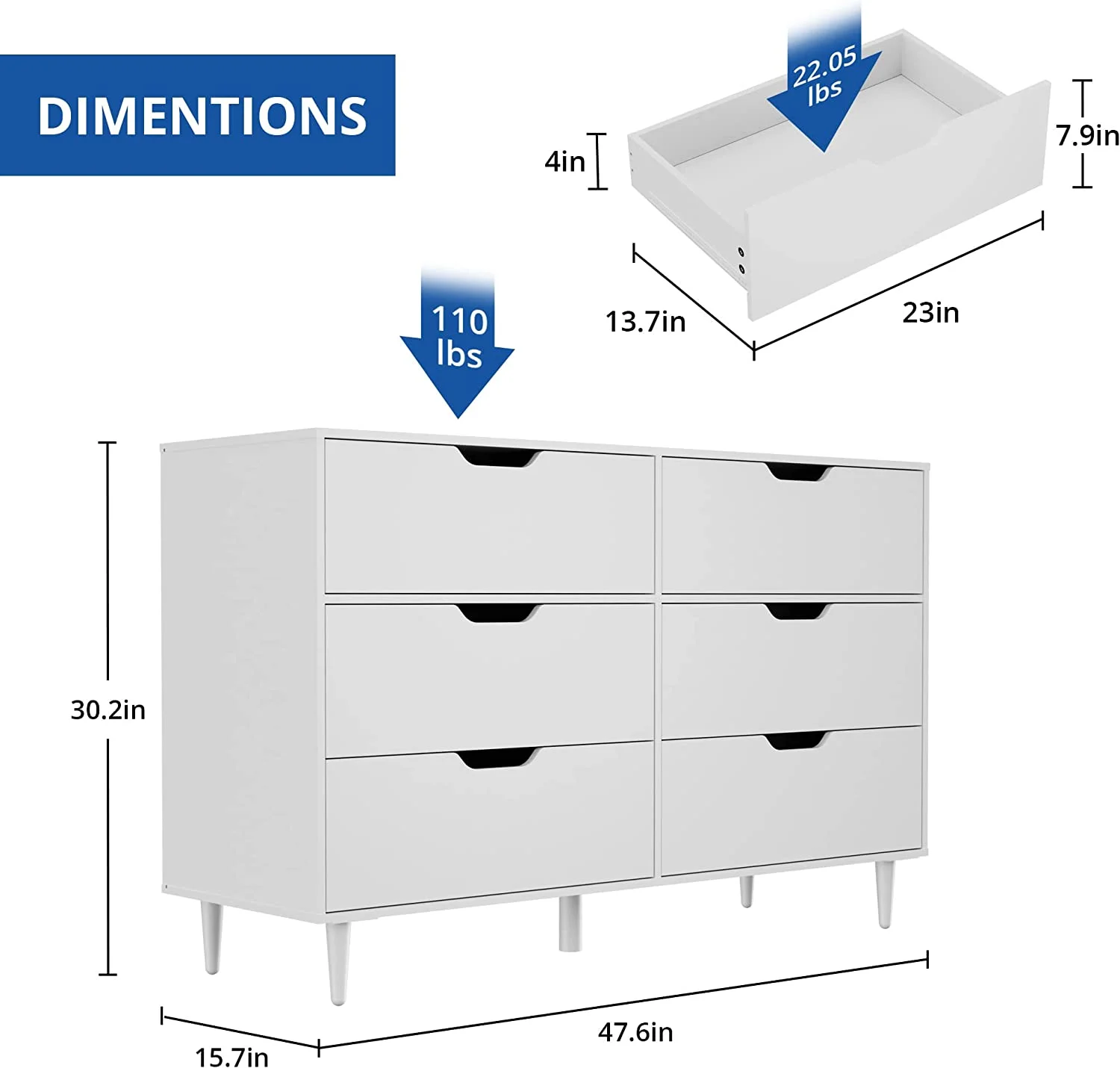YOJFOTOOU. 6 Drawer Dresser, Modern Dresser, White Dresser with Cutout Handle, Wide Dresser Drawer Organizers for Bedroom, White