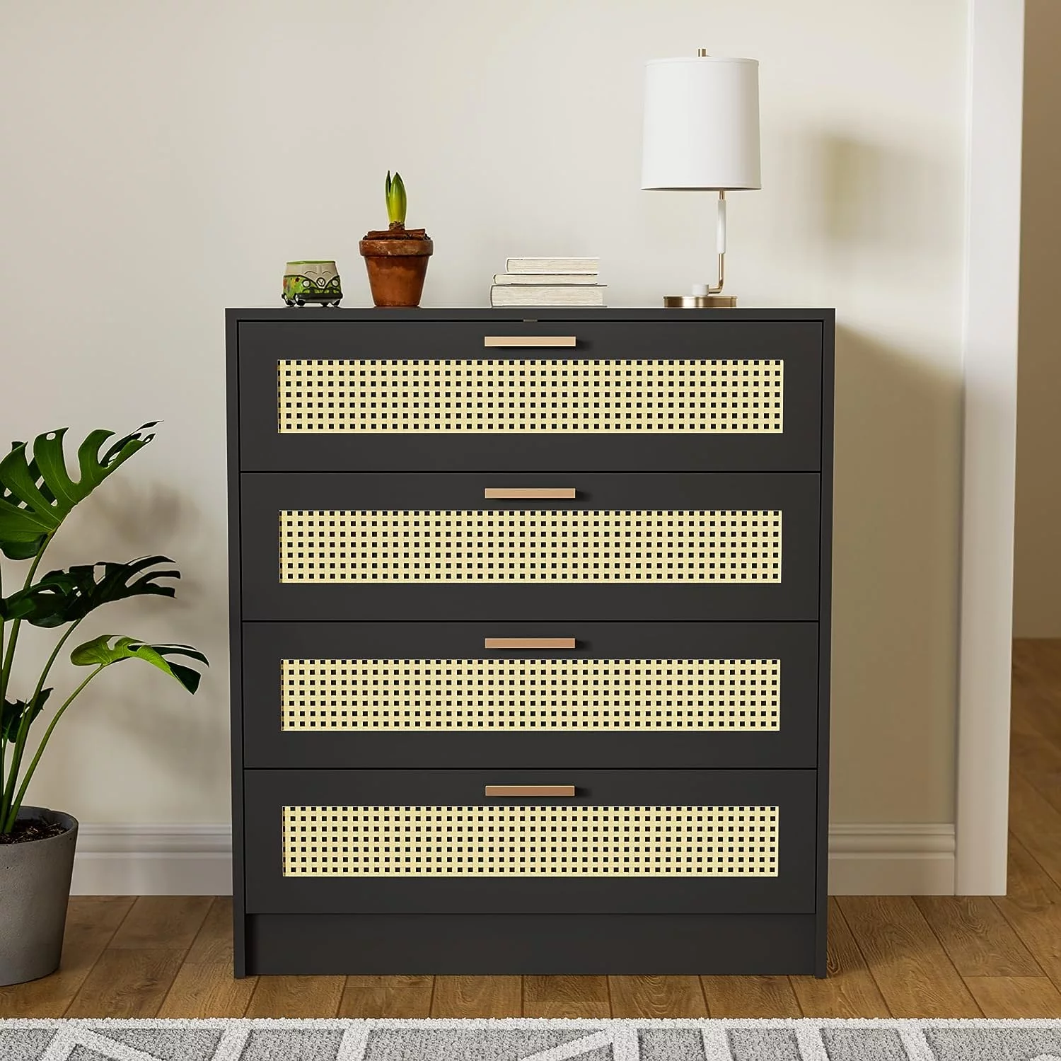 Cozy Castle Rattan 4 Drawer Dresser for Bedroom, Wooden Chest of Drawers with Metal Handles, Modern Boho Dresser for Bedroom, Living Room, Black