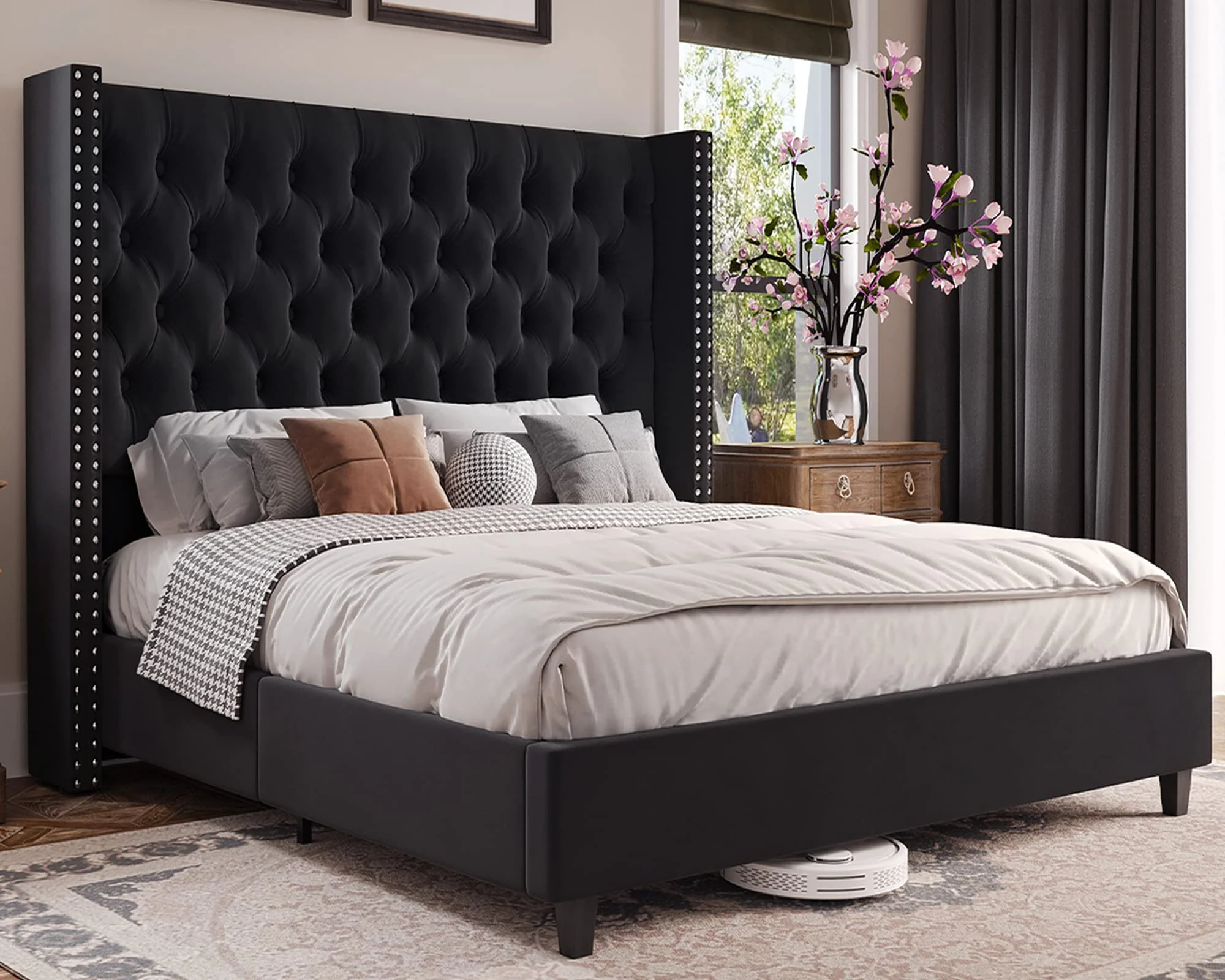 Queen Upholstered Bed Frame with Tall Headboard Wingback Platform Bed Tufted Deep Button Velvet/No Box Spring Needed/Easy Assembly/Black
