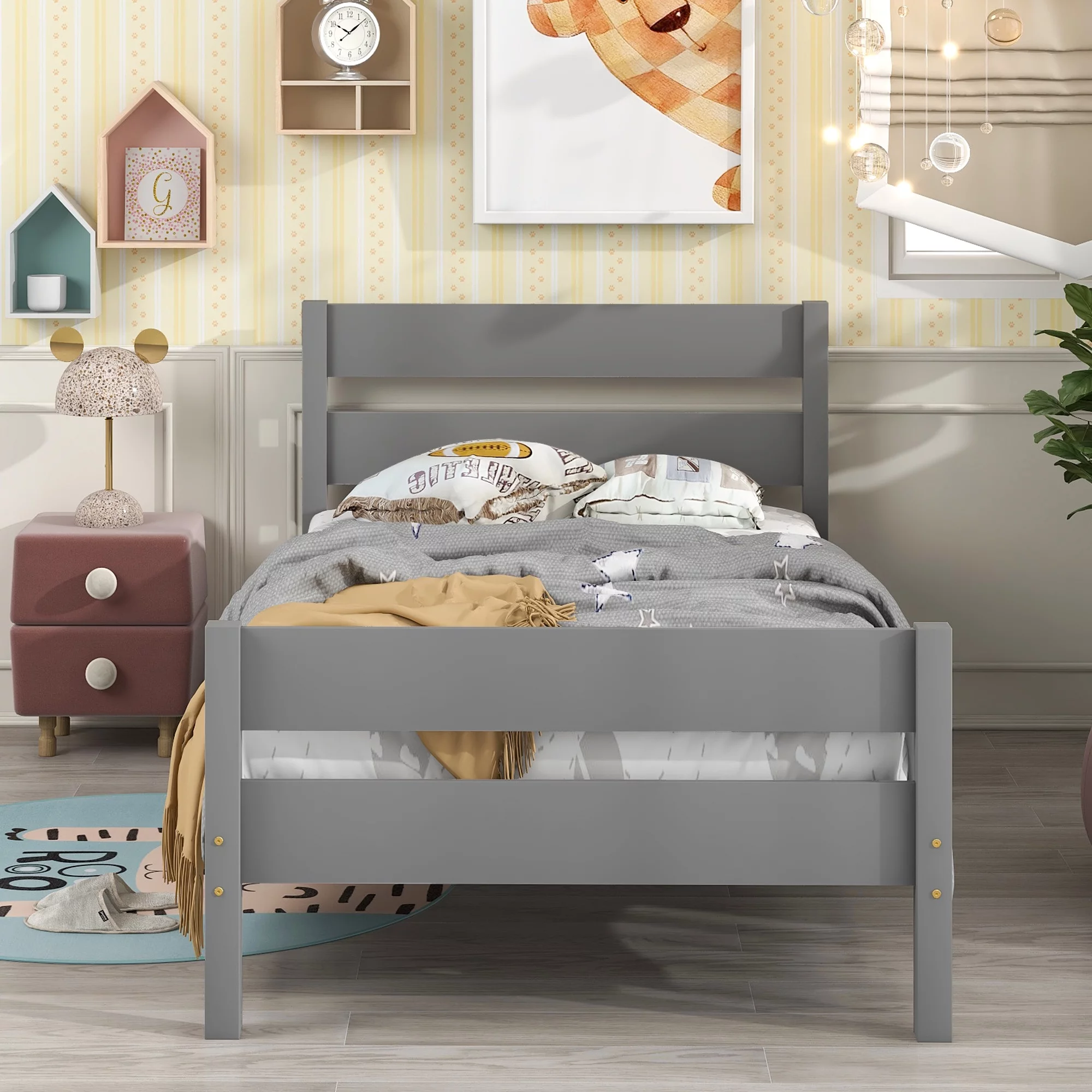 Twin Solid Wood Platform Bed with Wooden Slats, Twin Size Platform Bed with Headboard and Footboard, No Box Spring Needed, Easy Assembly(Gray)