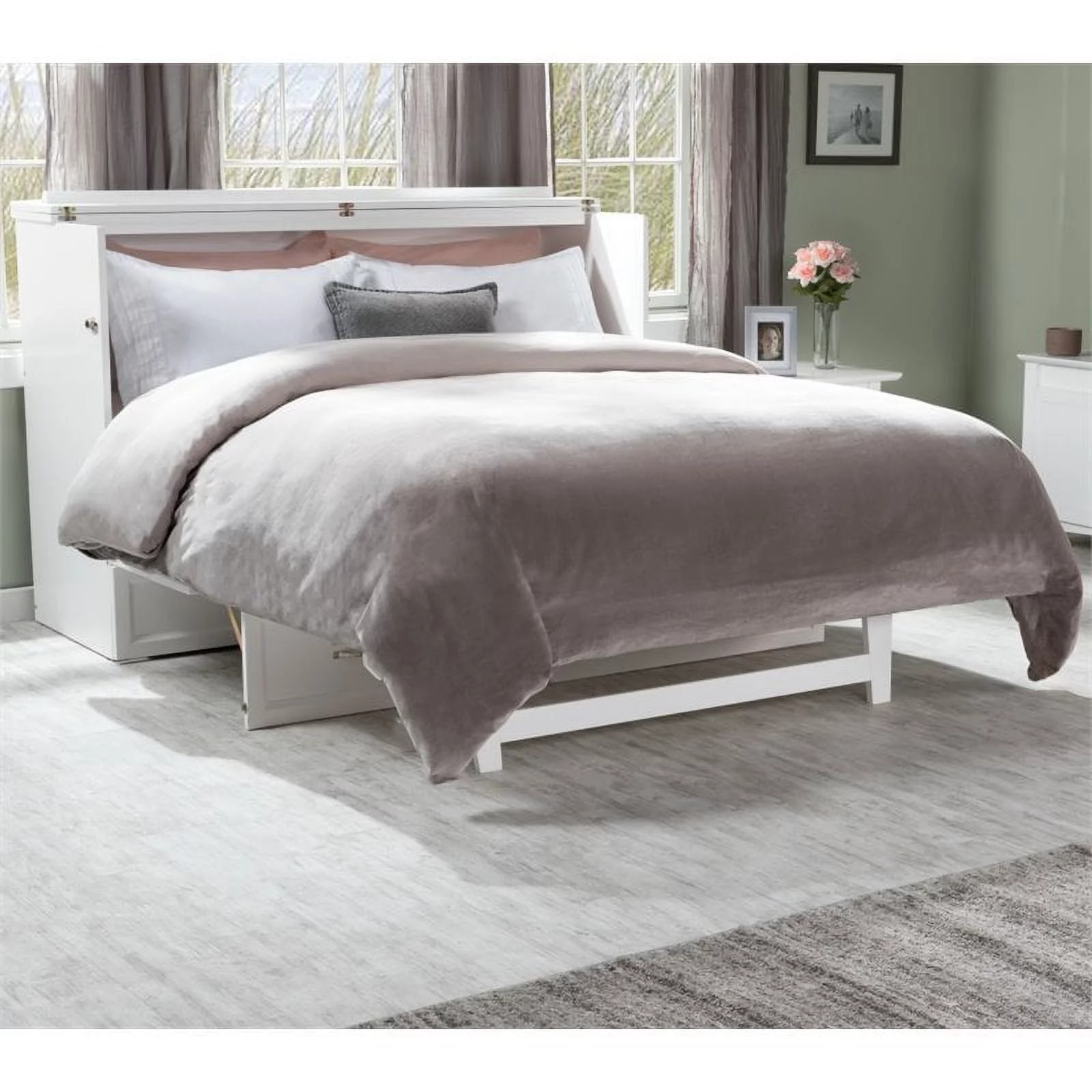 Atlin Designs Queen Traditional Wood Murphy Bed Chest Bed with Mattress in White