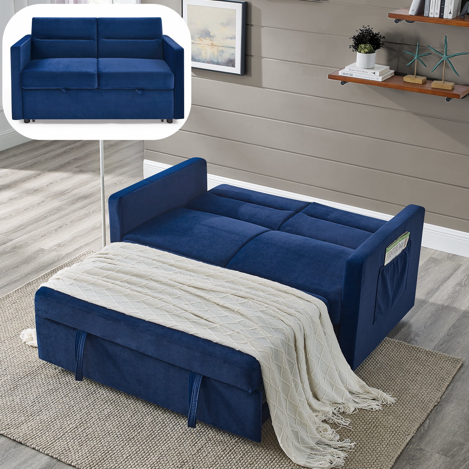 Infirleo Pull Out Sofa Sleeper, Modern 3 in 1 Convertible Sleeper Sofa Bed with Side Pockets, Velvet Upholstery Loveseat Couch with Pull Out Bed For Home Office Apartment, Blue