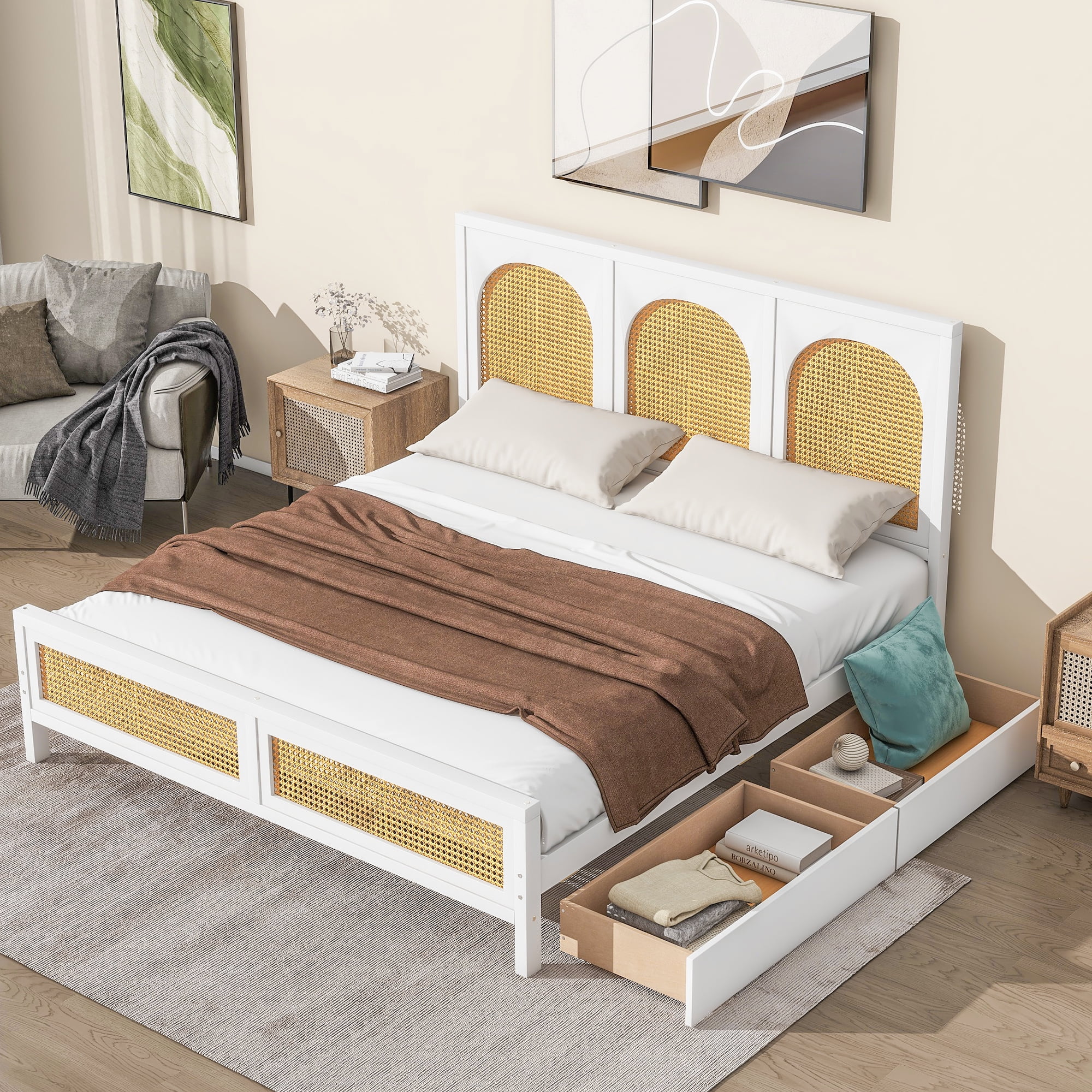 CoSoTower Queen Size Wood Storage Platform Bed with 2 Drawers, Rattan Headboard and Footboard, White