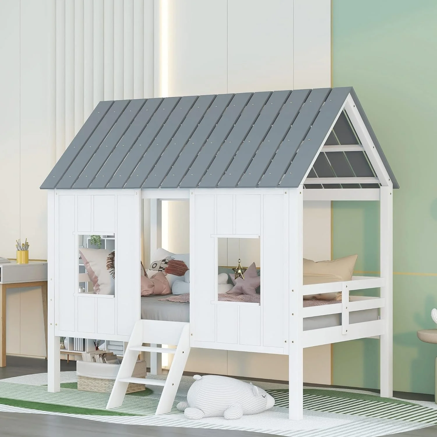 House Bed Frame Low Loft Wood Size Bed Frame With Two Side Windows And Roof Kids Bedroom Furniture (White With Gray, Low Loft Bed)