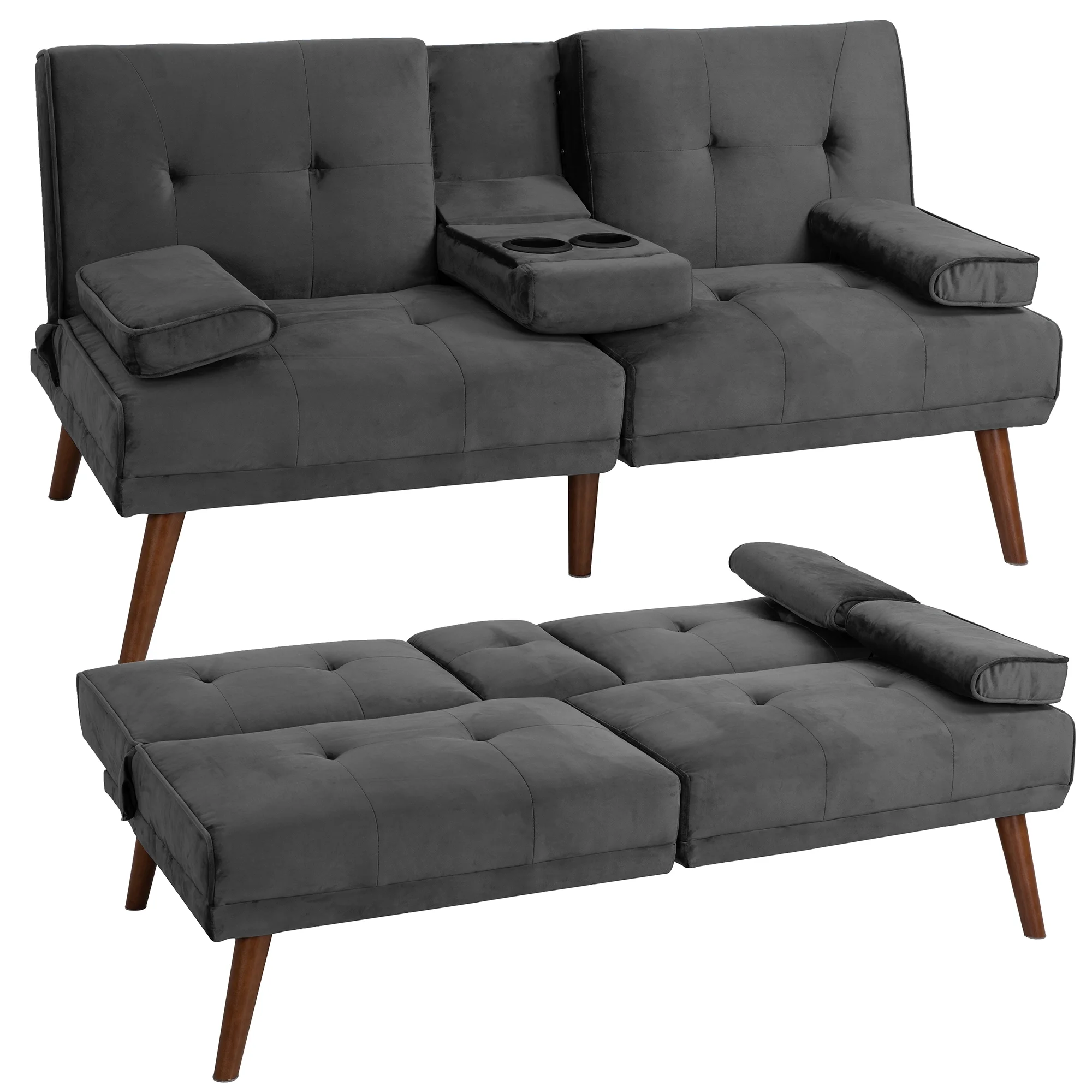 Walsunny 60”Convertible Sofa Bed Small Folding Loveseat Couch Removable Armrest, Modern Futon Recliner Sleeper wIth 2 Cup Holder Dark Gray
