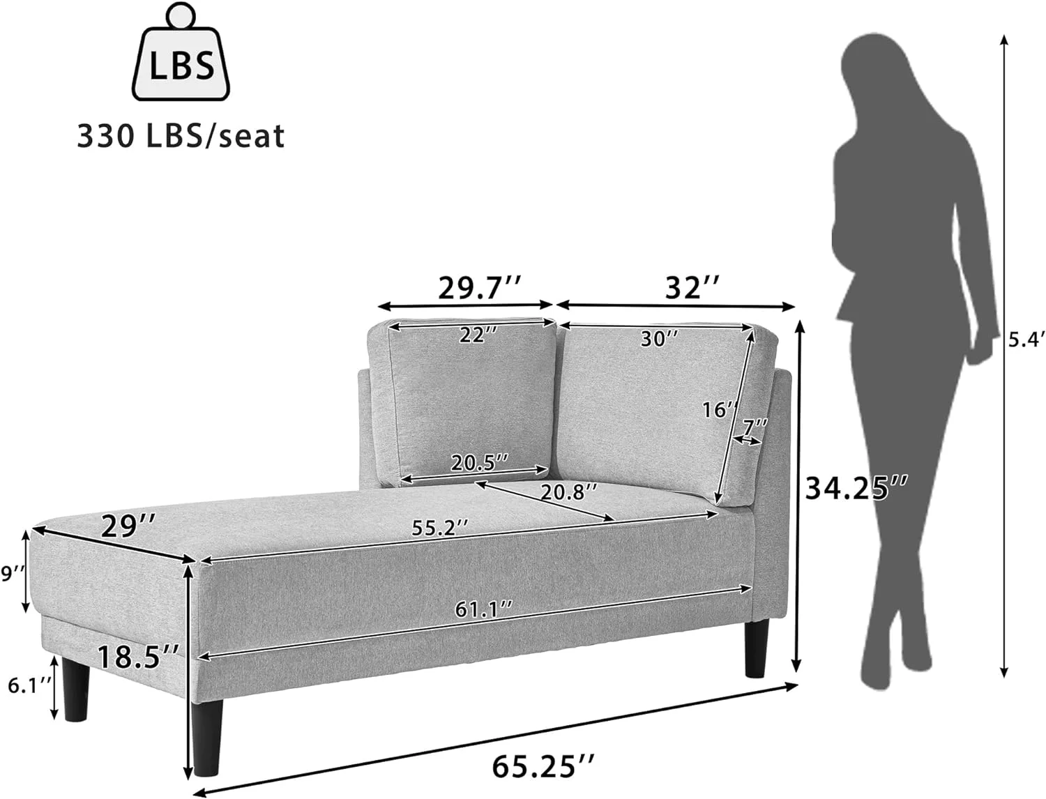 Sofa Chaise Louge For Idoor Chaise Fabric Upholstered Chair Bed For Office Bedroom (Gray, 65.25