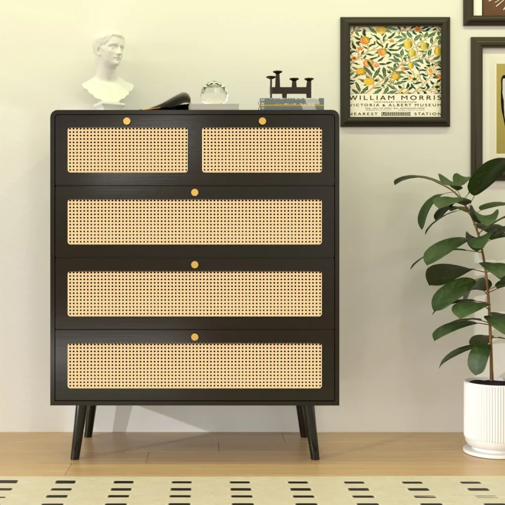 4 Drawer Dresser Rattan Wood Dresser Chest of Drawers Large Storage Cabinet with Metal Handles Accent Side Cabinet with Storage for Bedroom, Living Room, Hallway